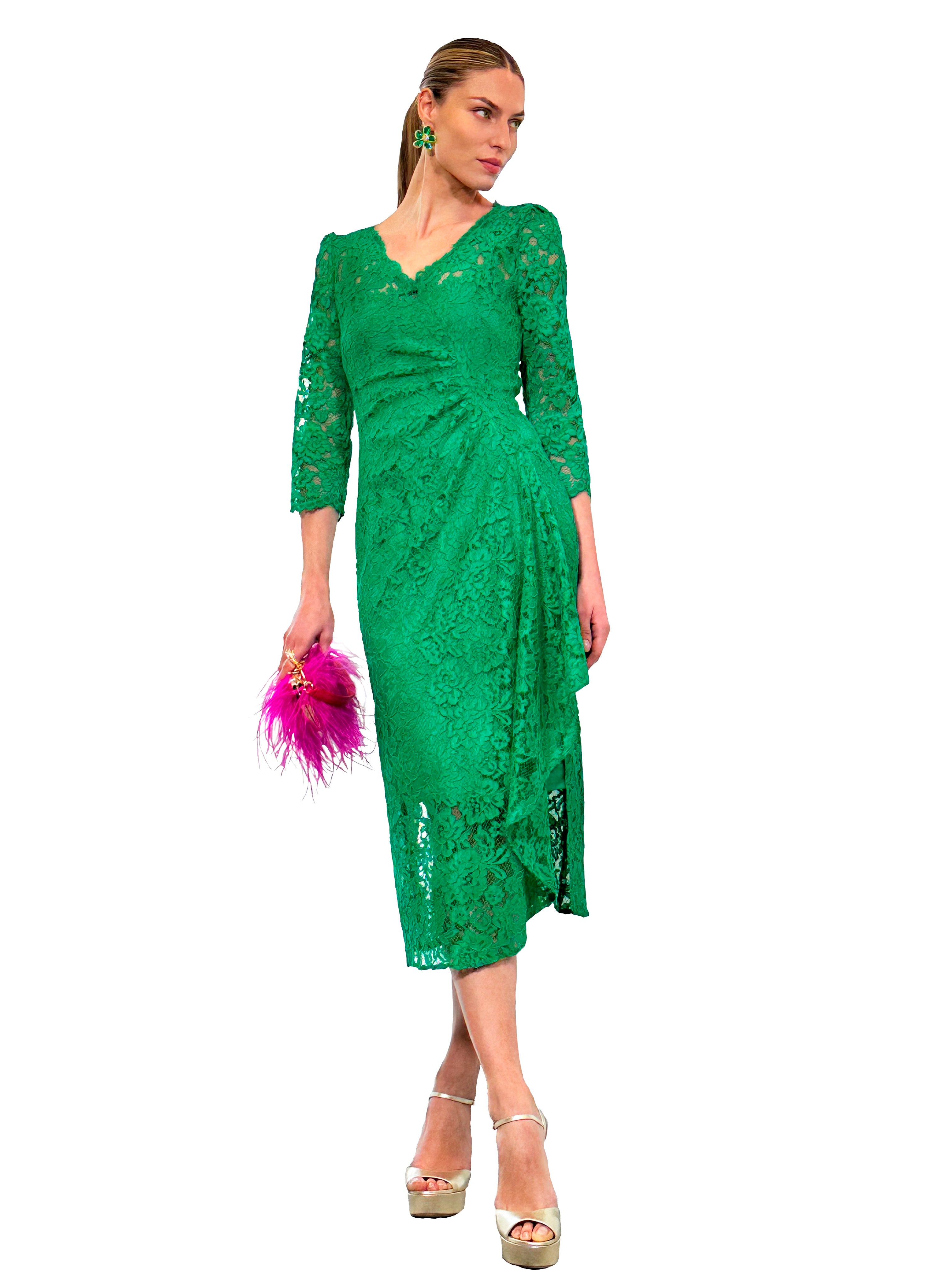 JORDAN V-NECK LACE HANDKERCHIEF MIDI DRESS