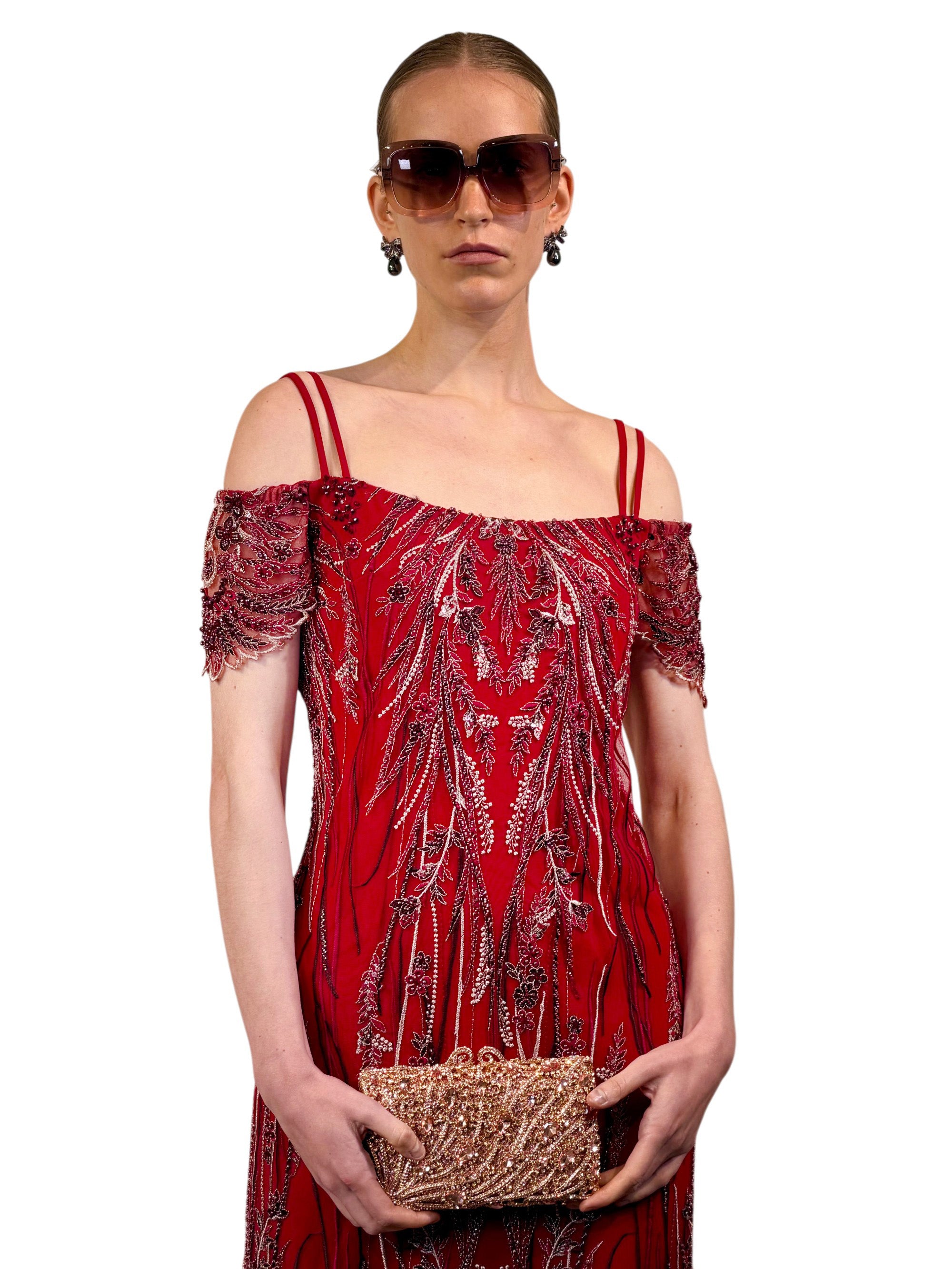 EMBROIDERED TULLE BOAT MIDI DRESS