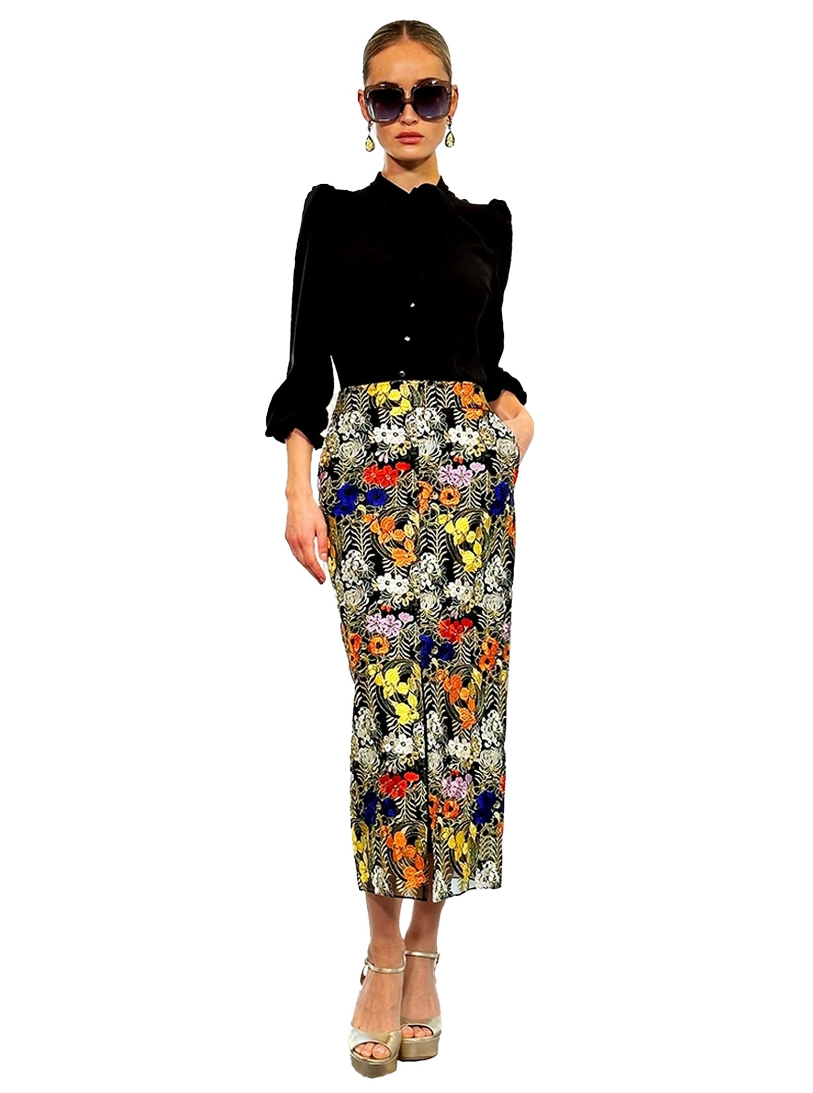 Embroidered Tulle Midi Pencil Skirt