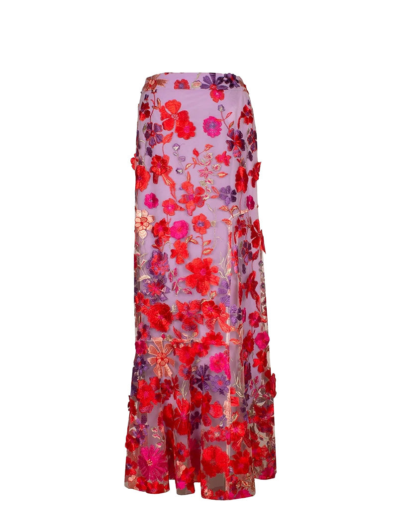 LONG SKIRT WITH MAXI RUFFLES AND EMBROIDERED TULLE