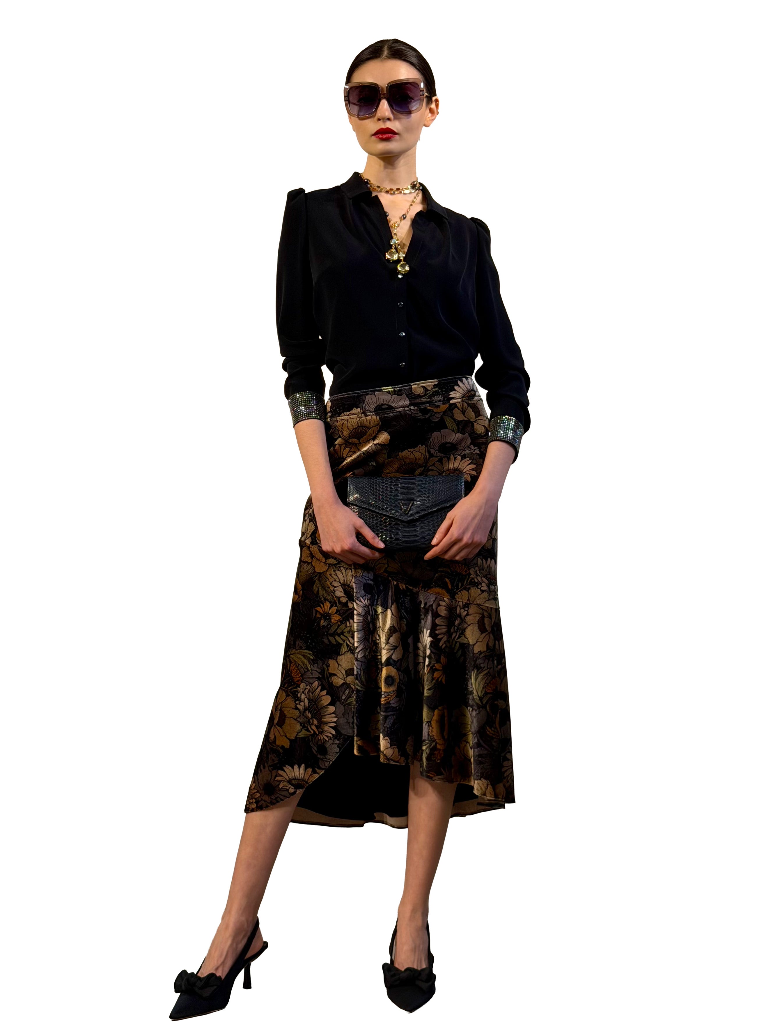 PRINTED RUFFLED MIDI SKIRT