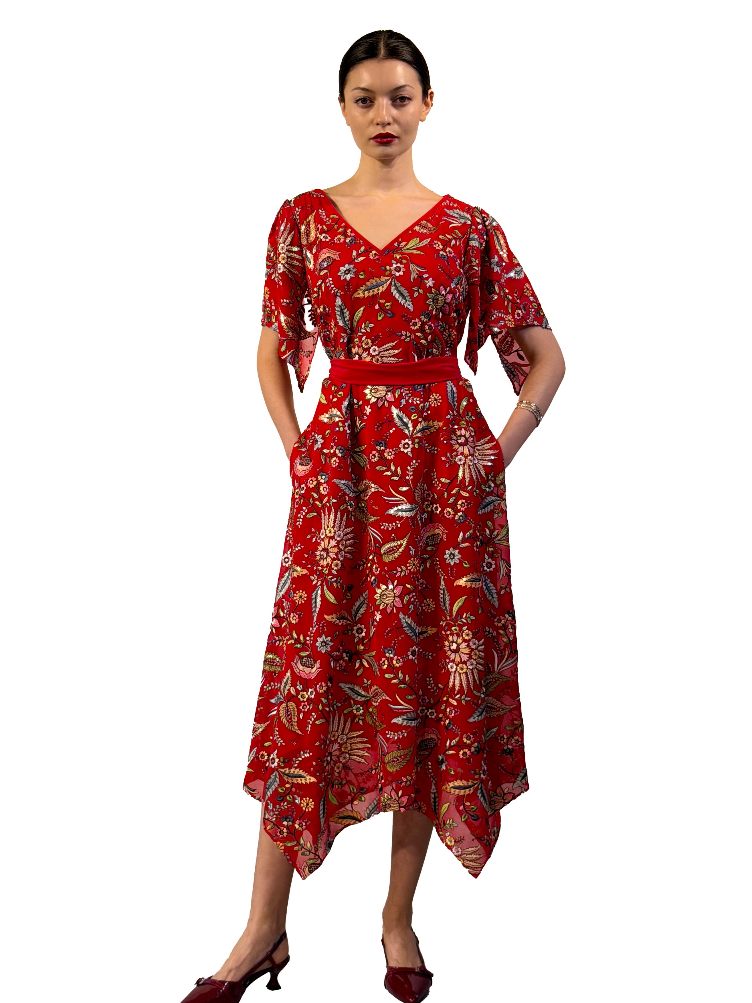Embroidered chiffon dress with pointed hem