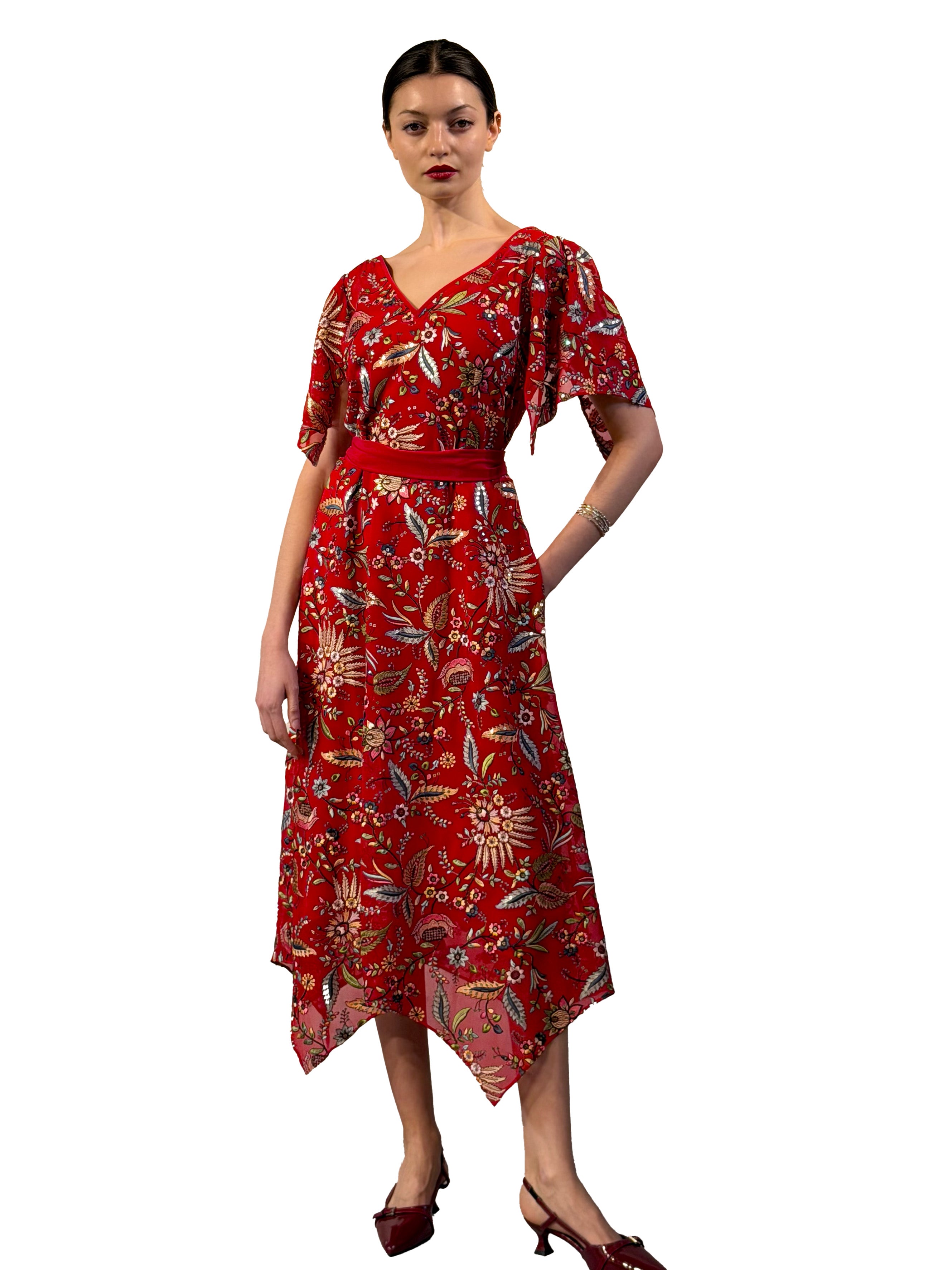 Embroidered chiffon dress with pointed hem
