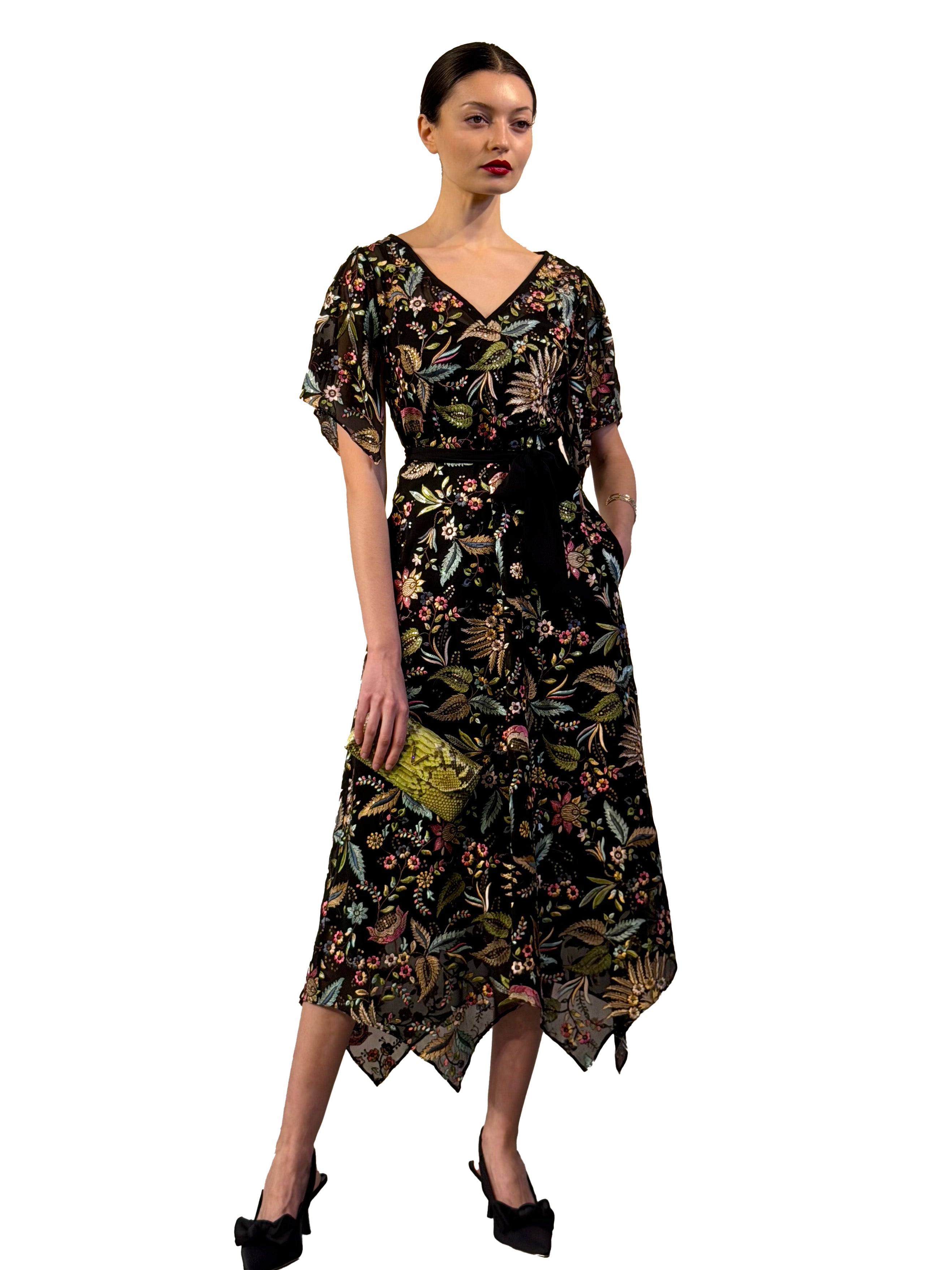 Embroidered chiffon dress with pointed hem
