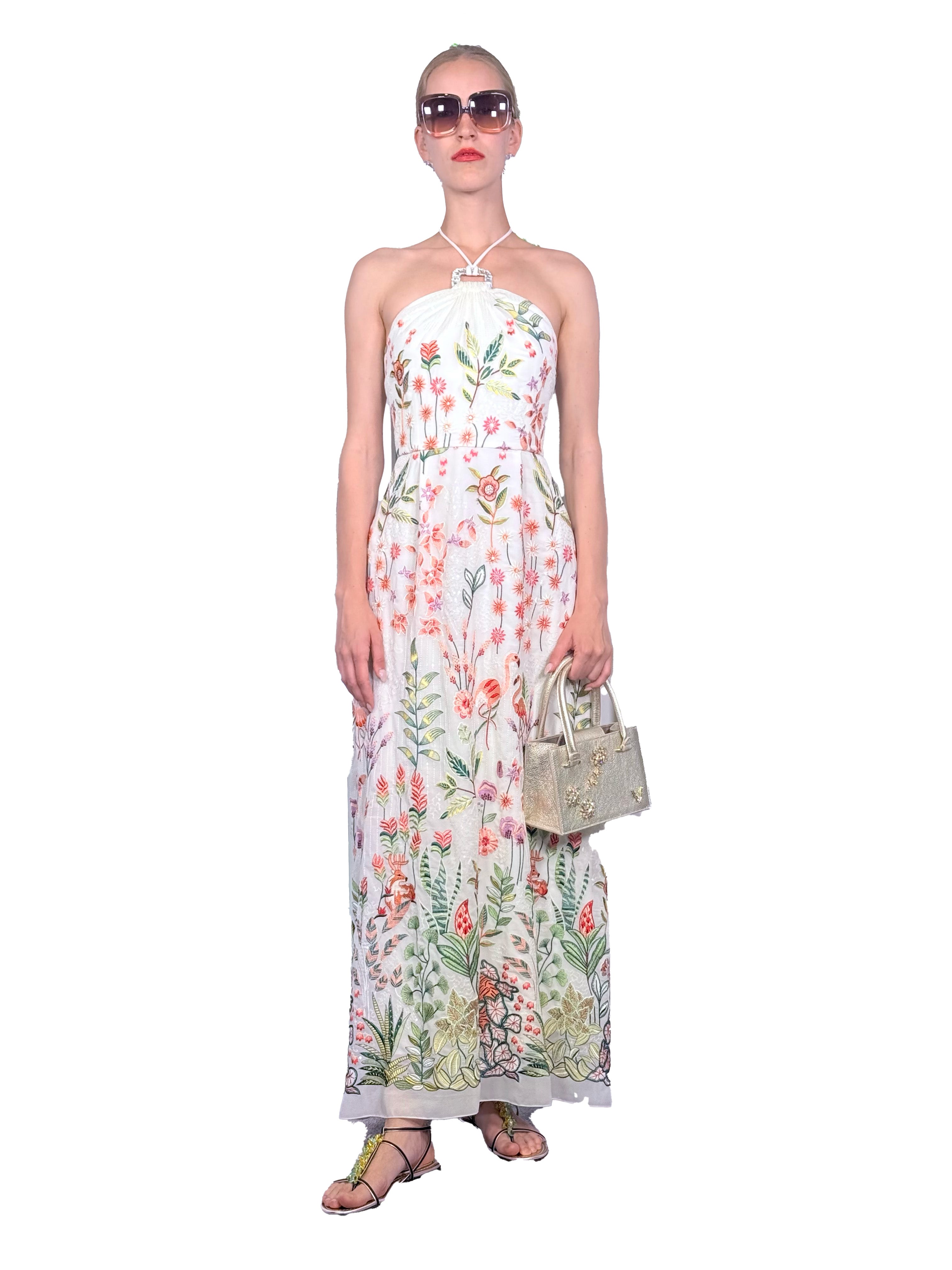 VESTIDO LARGO HALTER GASA BORDADA