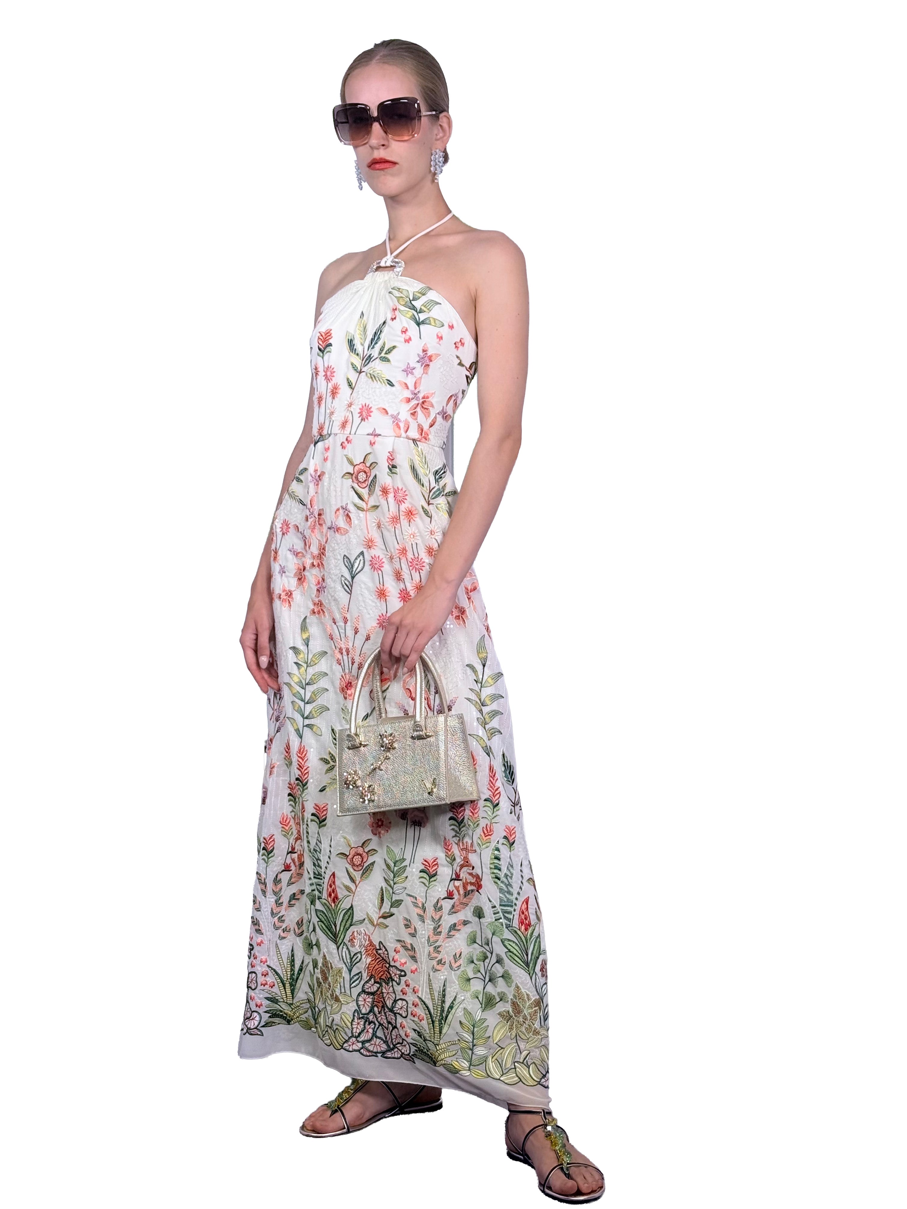 LONG HALTER DRESS EMBROIDERED CHIFFON