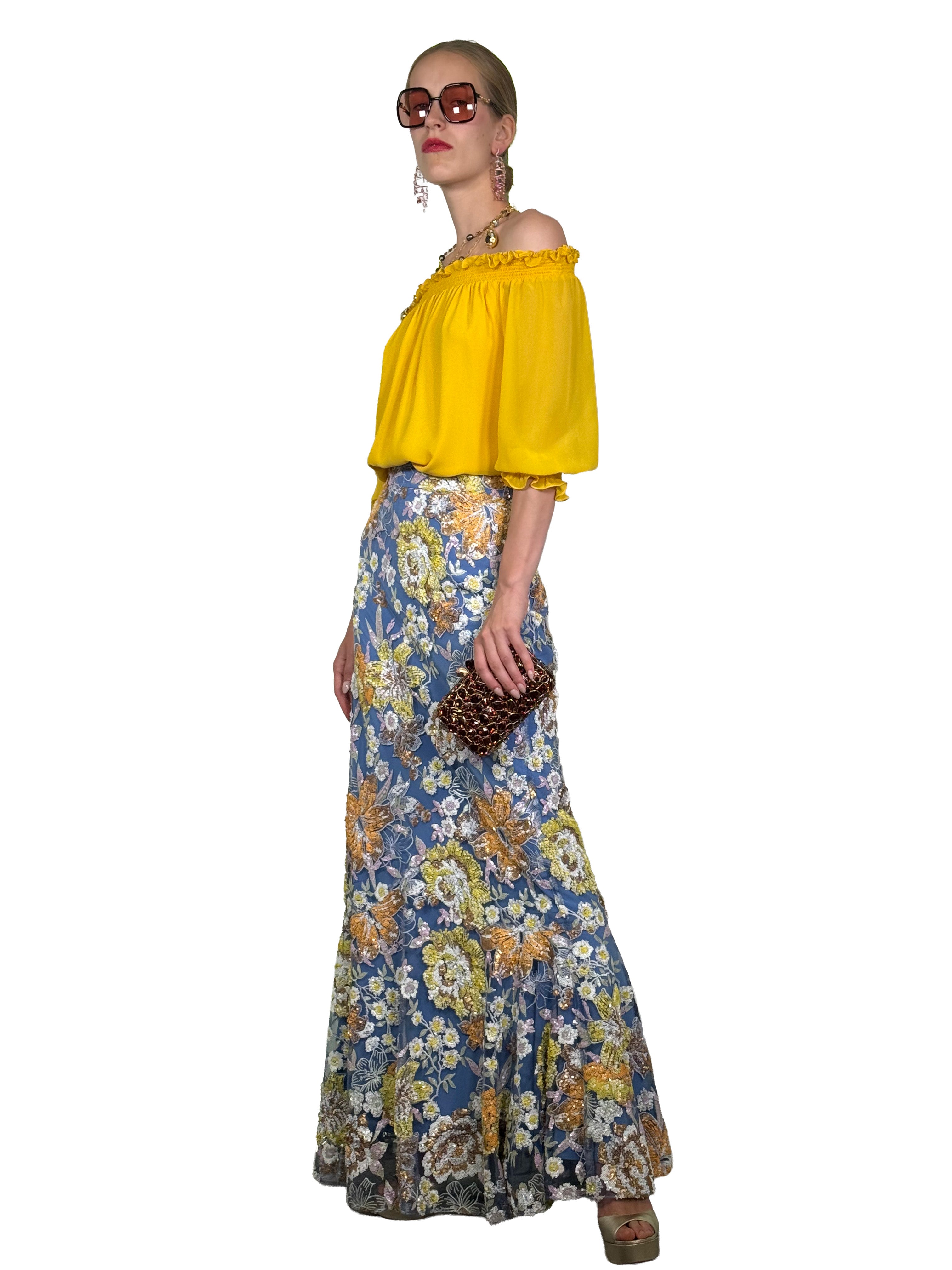 LONG PIRATE SKIRT WITH EMBROIDERED TULLE