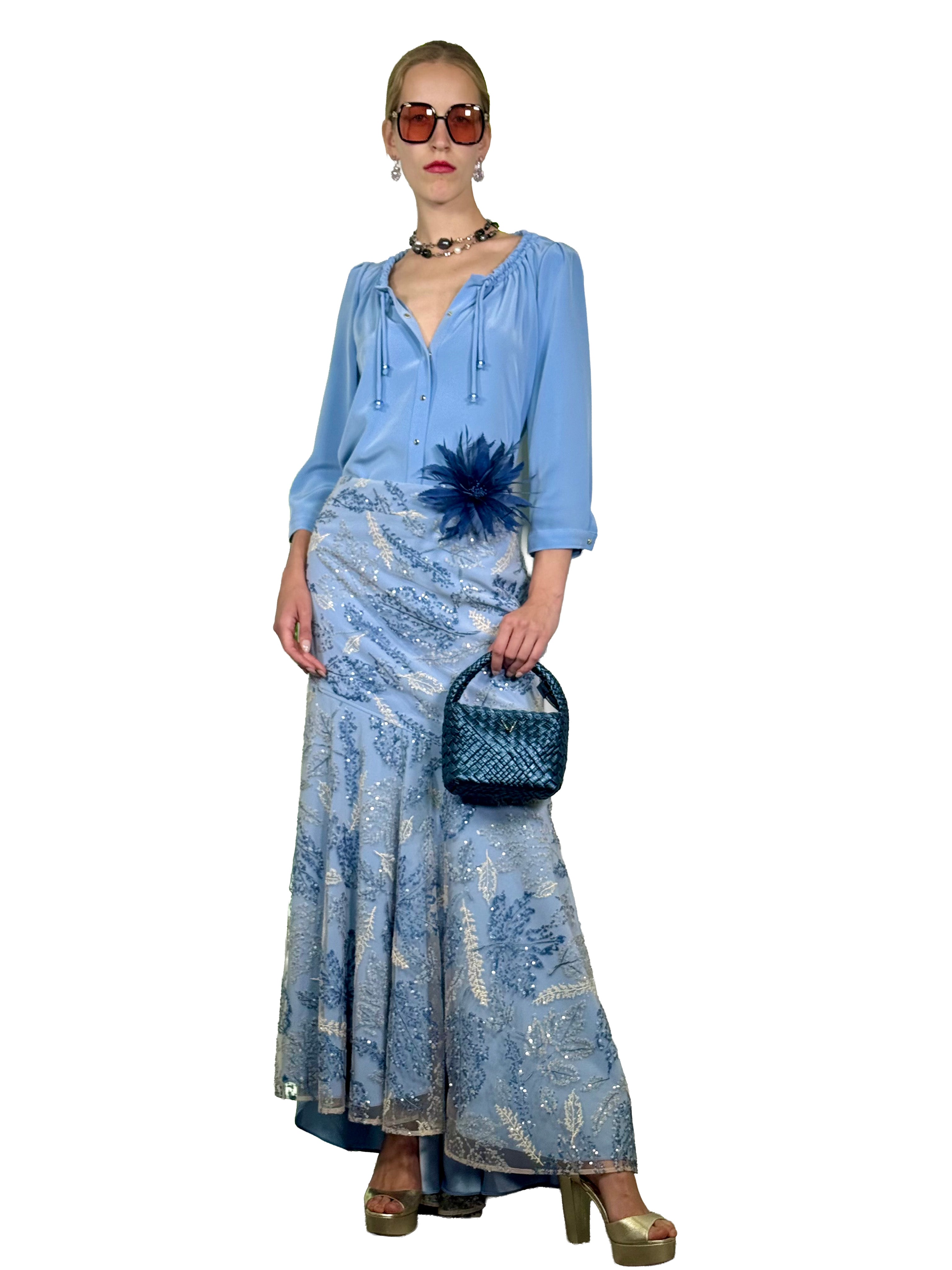 MAXI SKIRT WITH EMBROIDERED TULLE RUFFLES