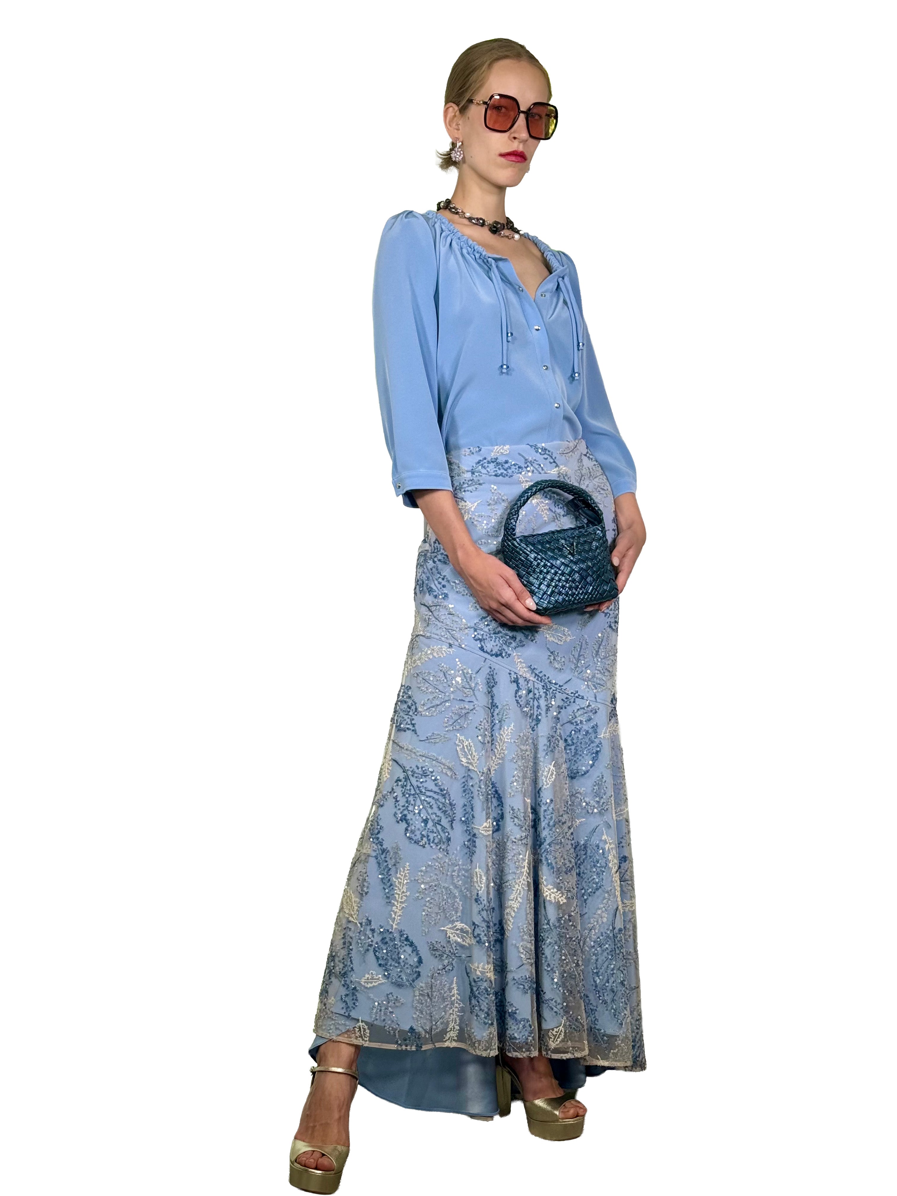 MAXI SKIRT WITH EMBROIDERED TULLE RUFFLES