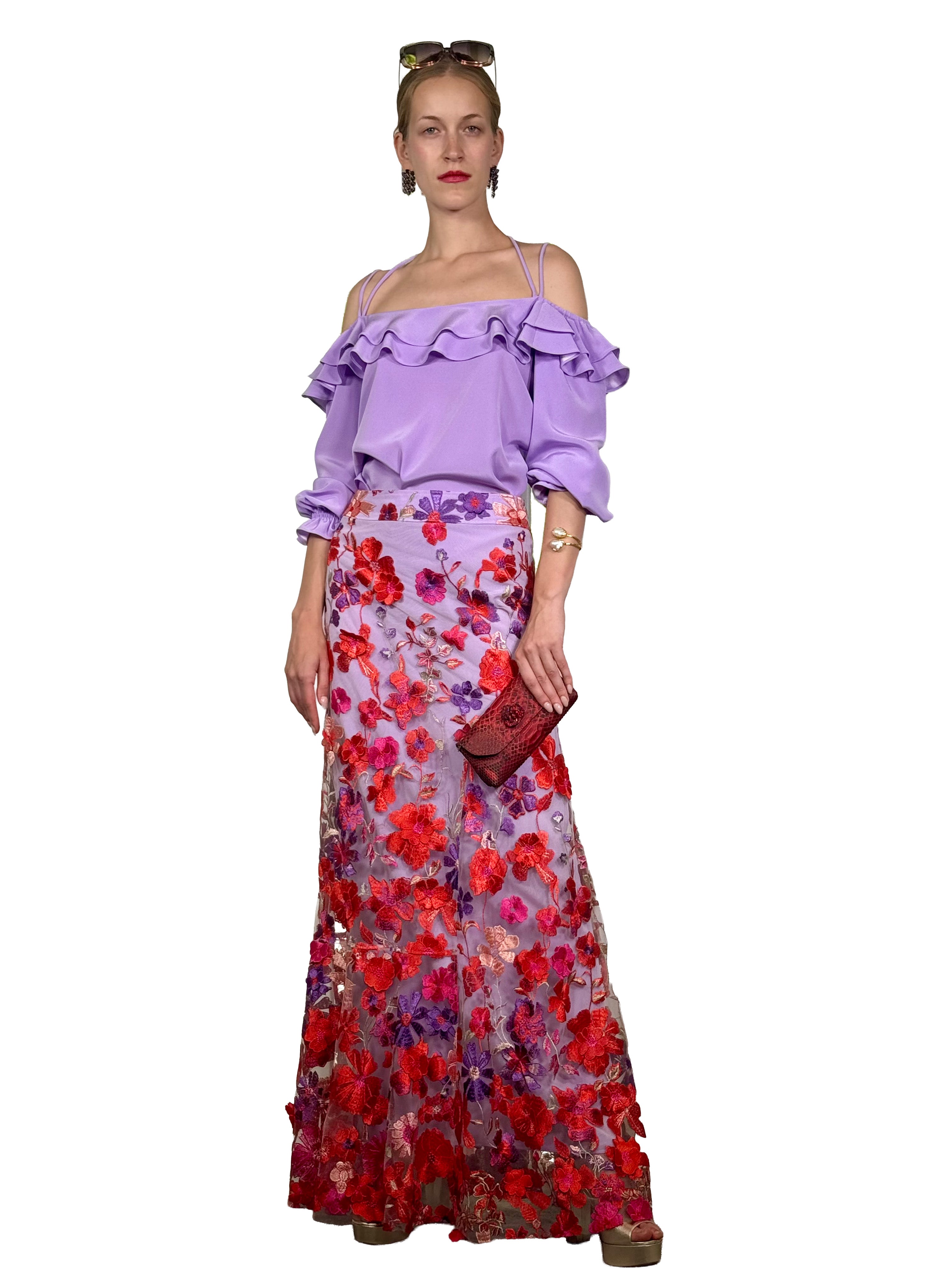 LONG SKIRT WITH MAXI RUFFLES AND EMBROIDERED TULLE