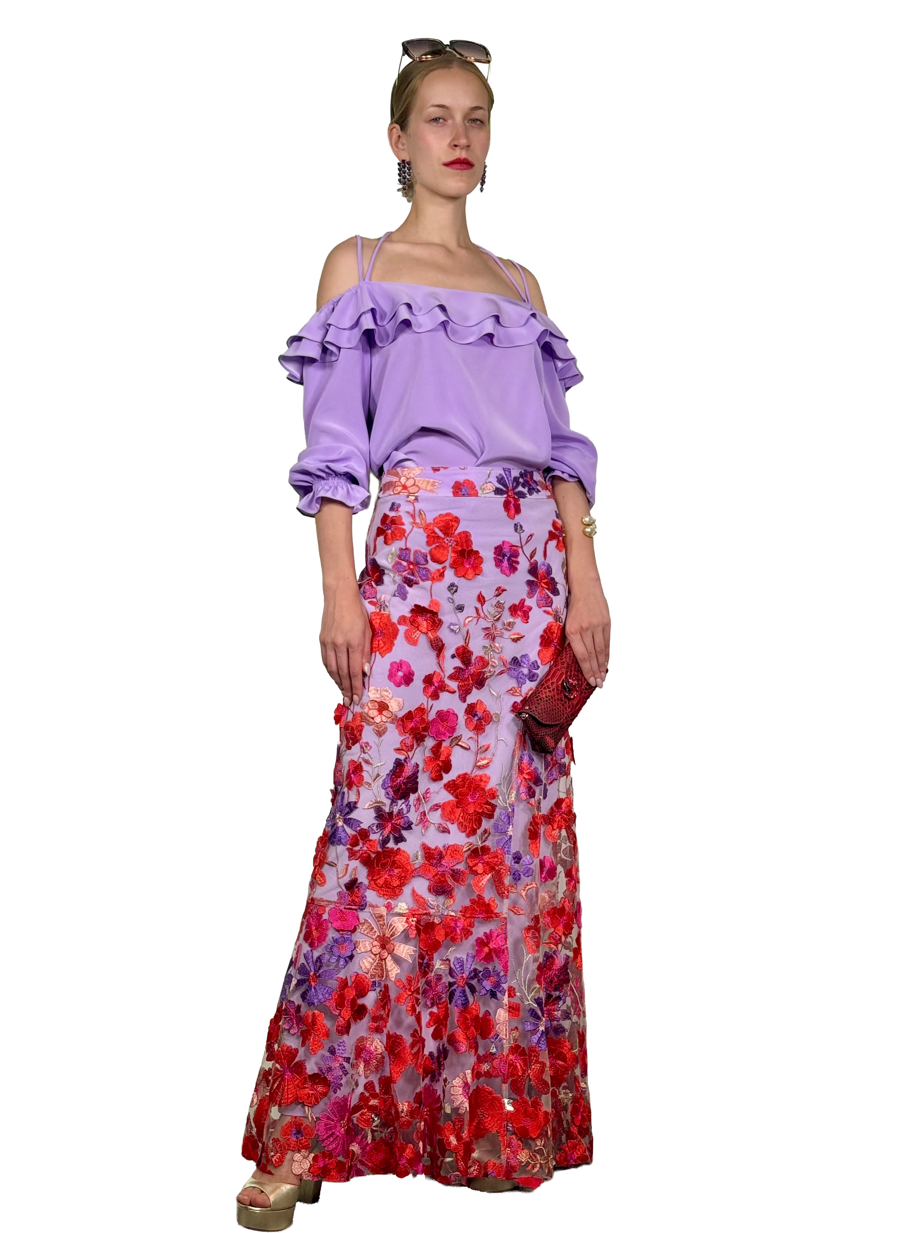 FALDA LARGA MAXI VOLANTES TUL BORDADO