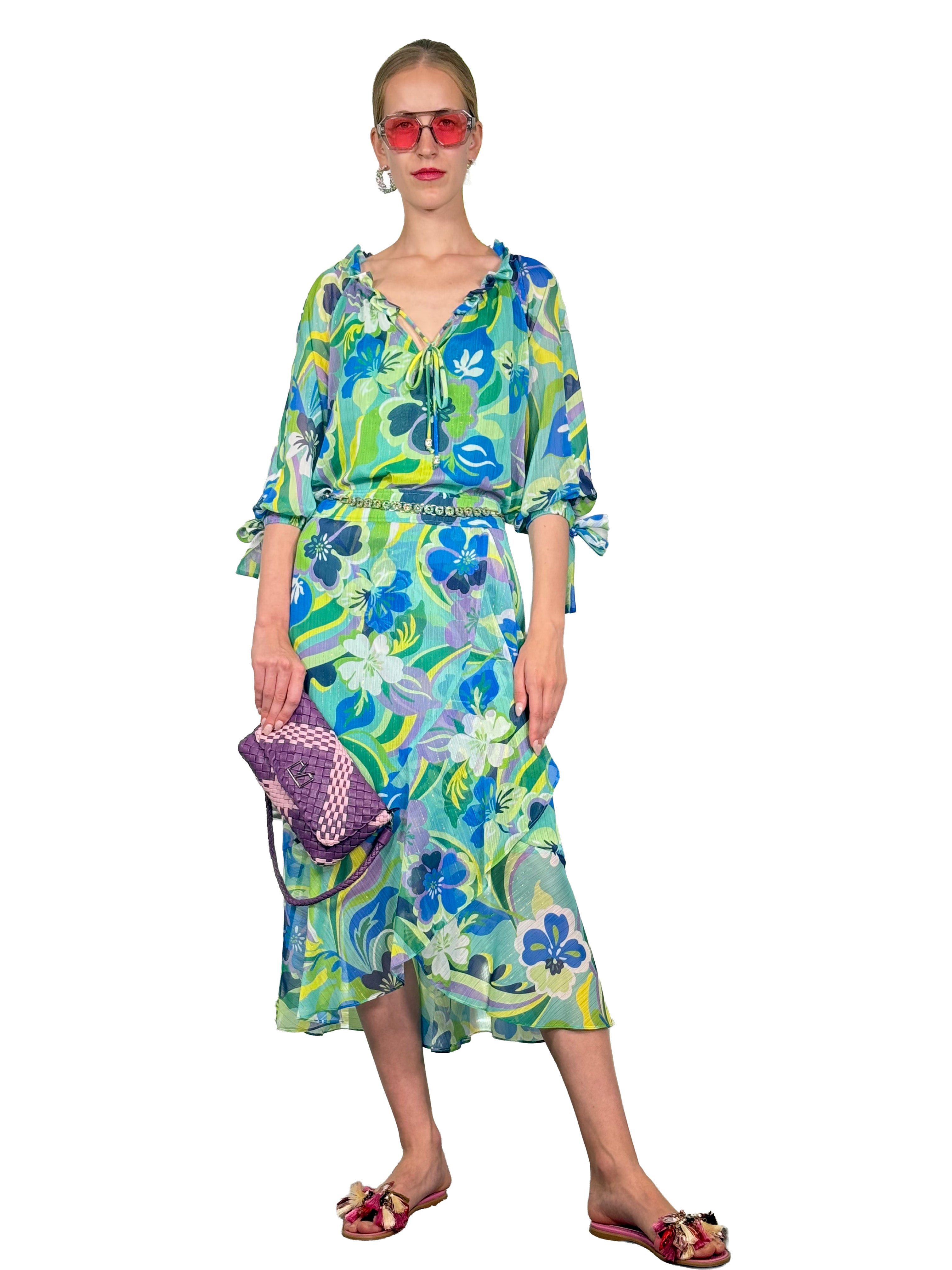 PRINTED RUFFLED MIDI SKIRT