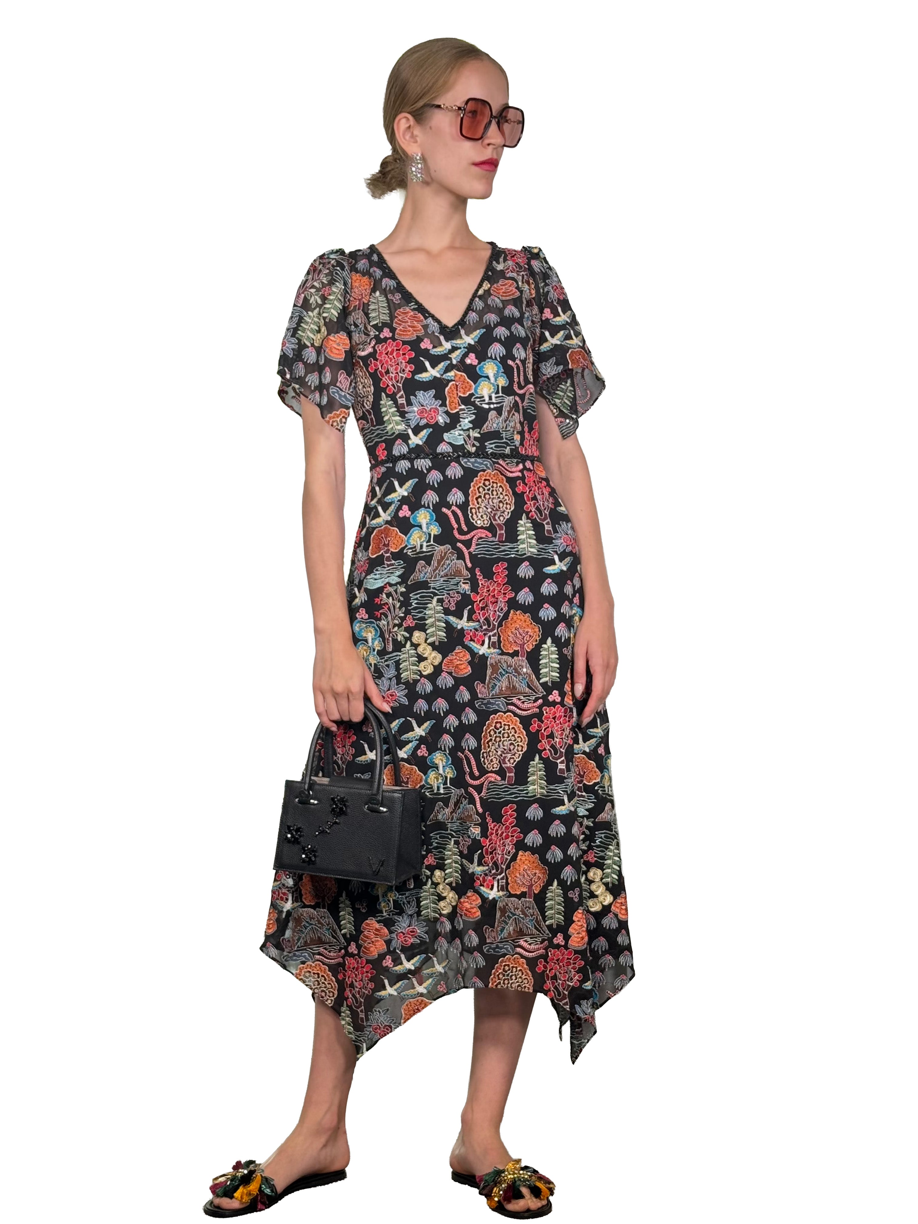 VESTIDO MIDI PICOS GASA BORDADA