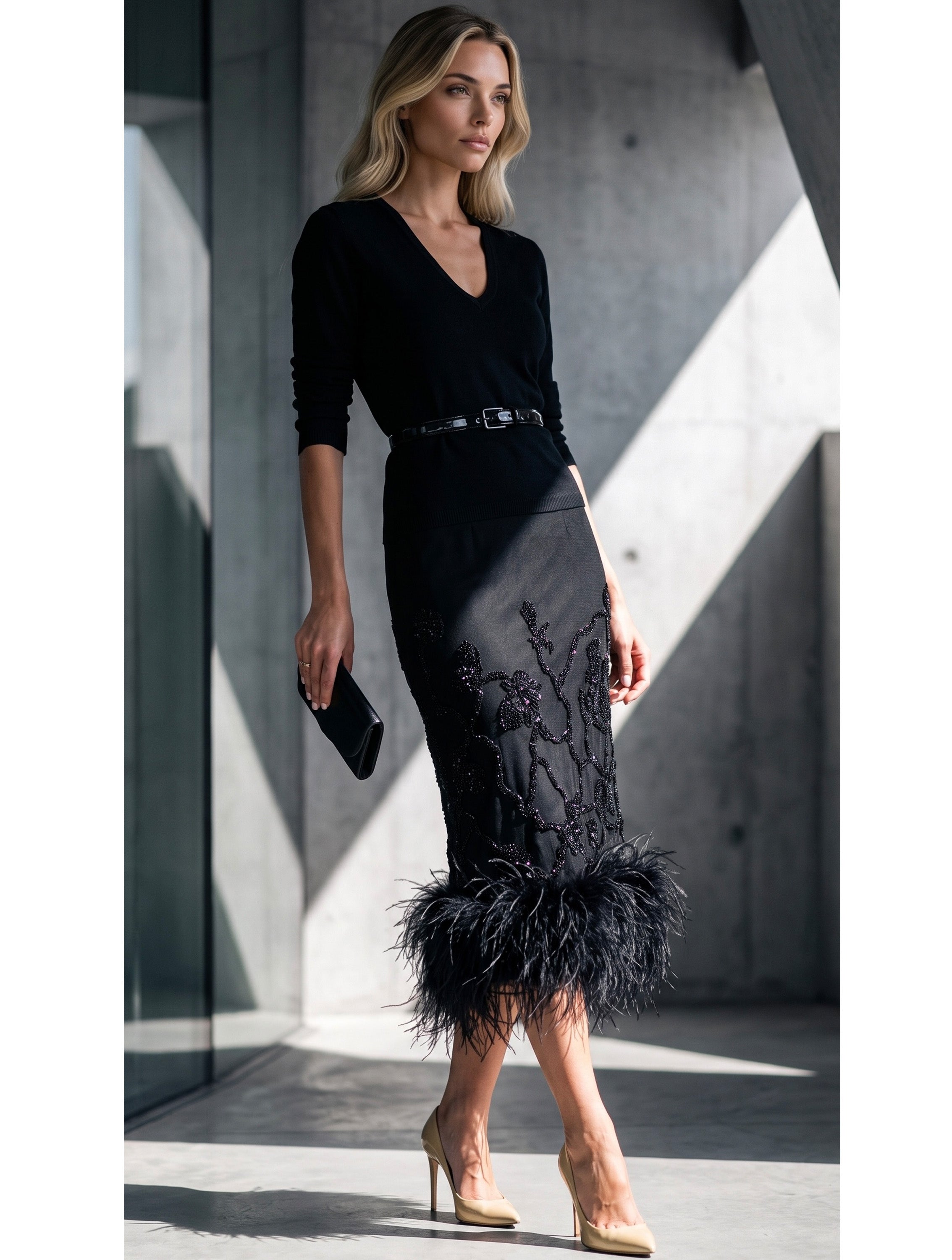 EMBROIDERED AND FEATHER MIDI PENCIL SKIRT