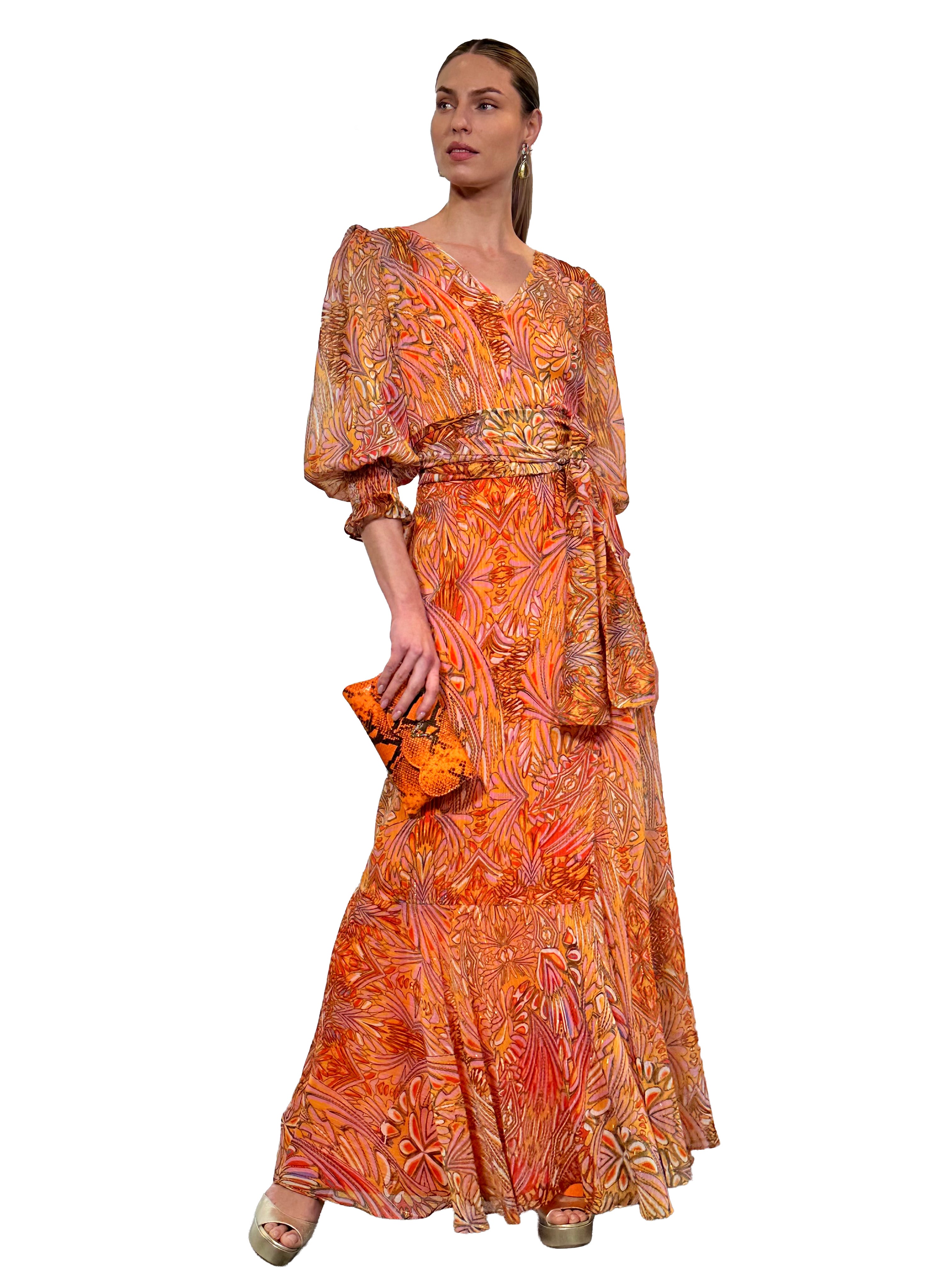 LONG GRAIN PRINTED RUFFLE DRESS