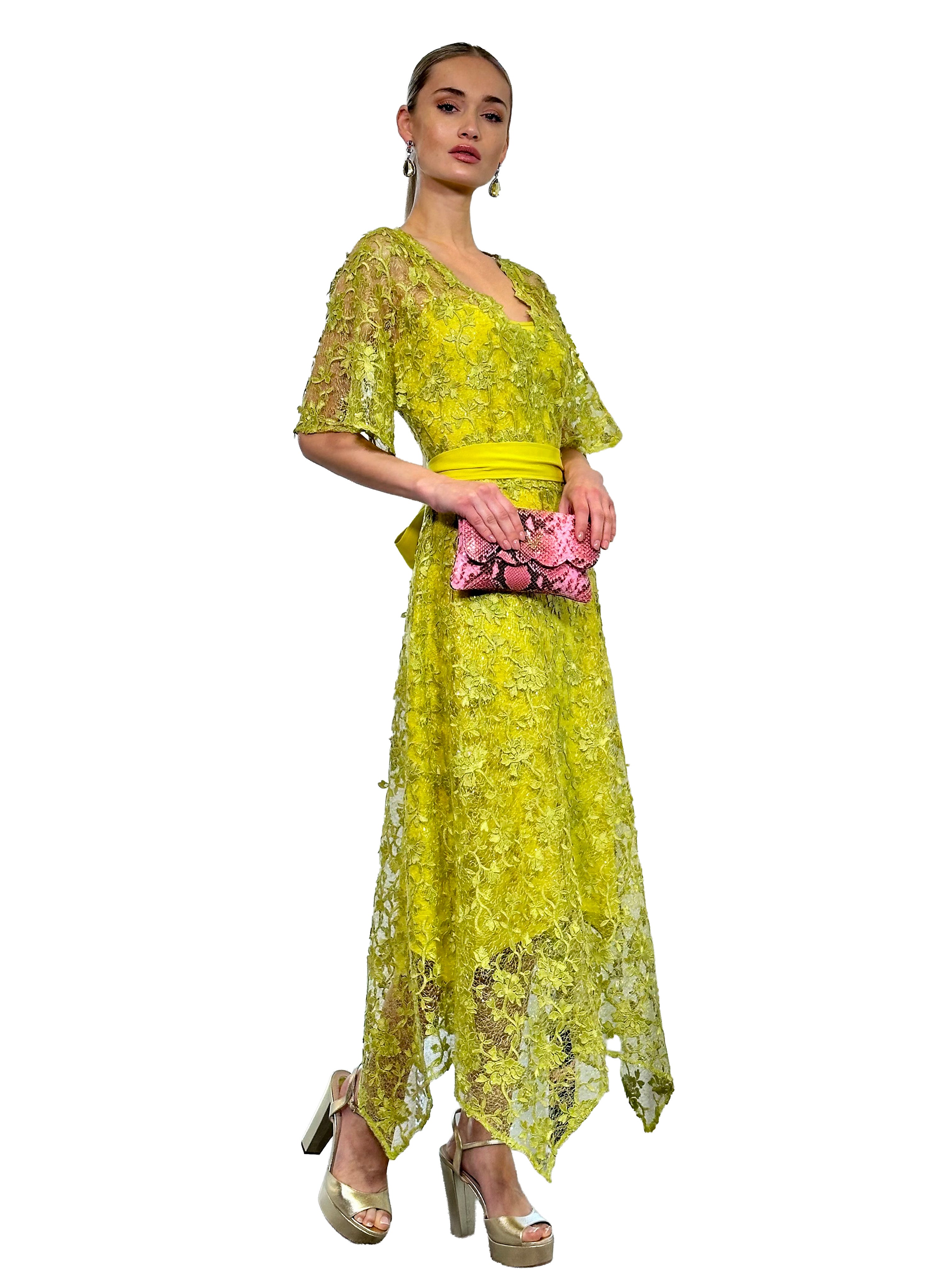 BUTTERFLY MIDI DRESS WITH PEAKS GUIPURE TULLE