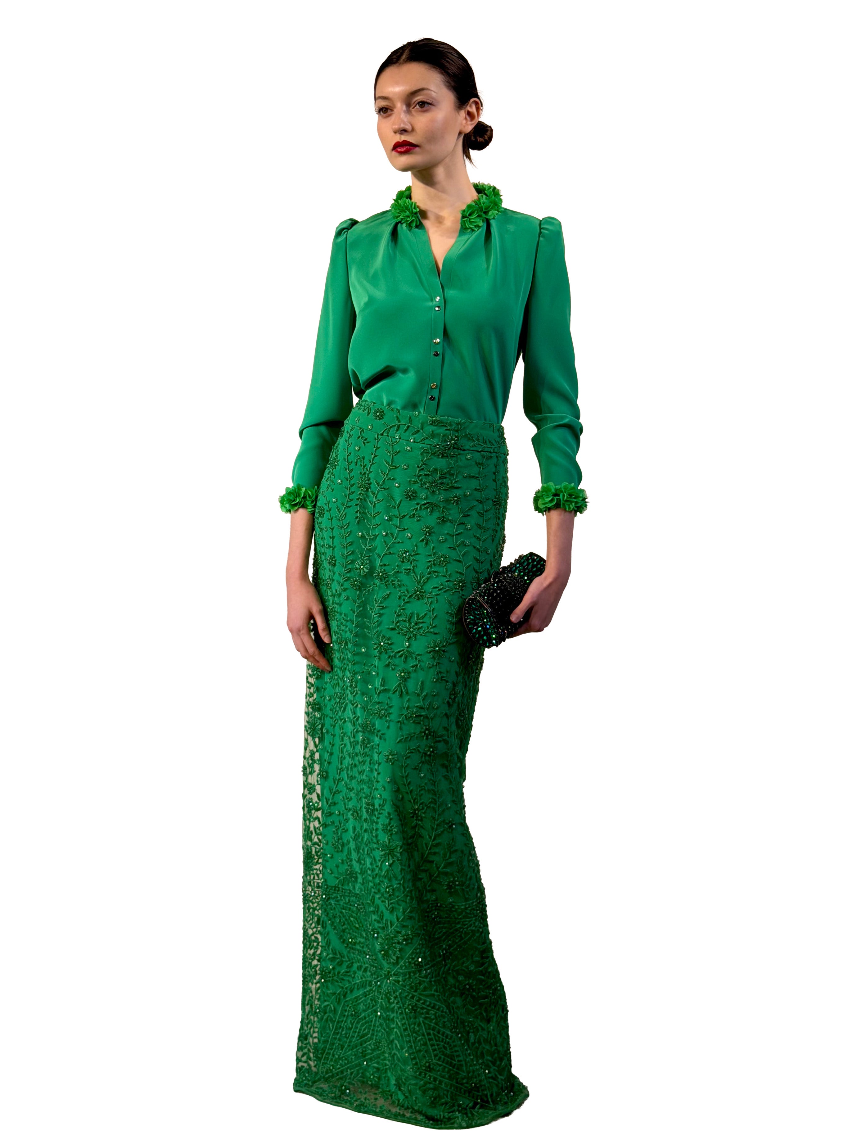 MIDI LONG SKIRT TULLE EMBROIDERED WITH CRYSTAL