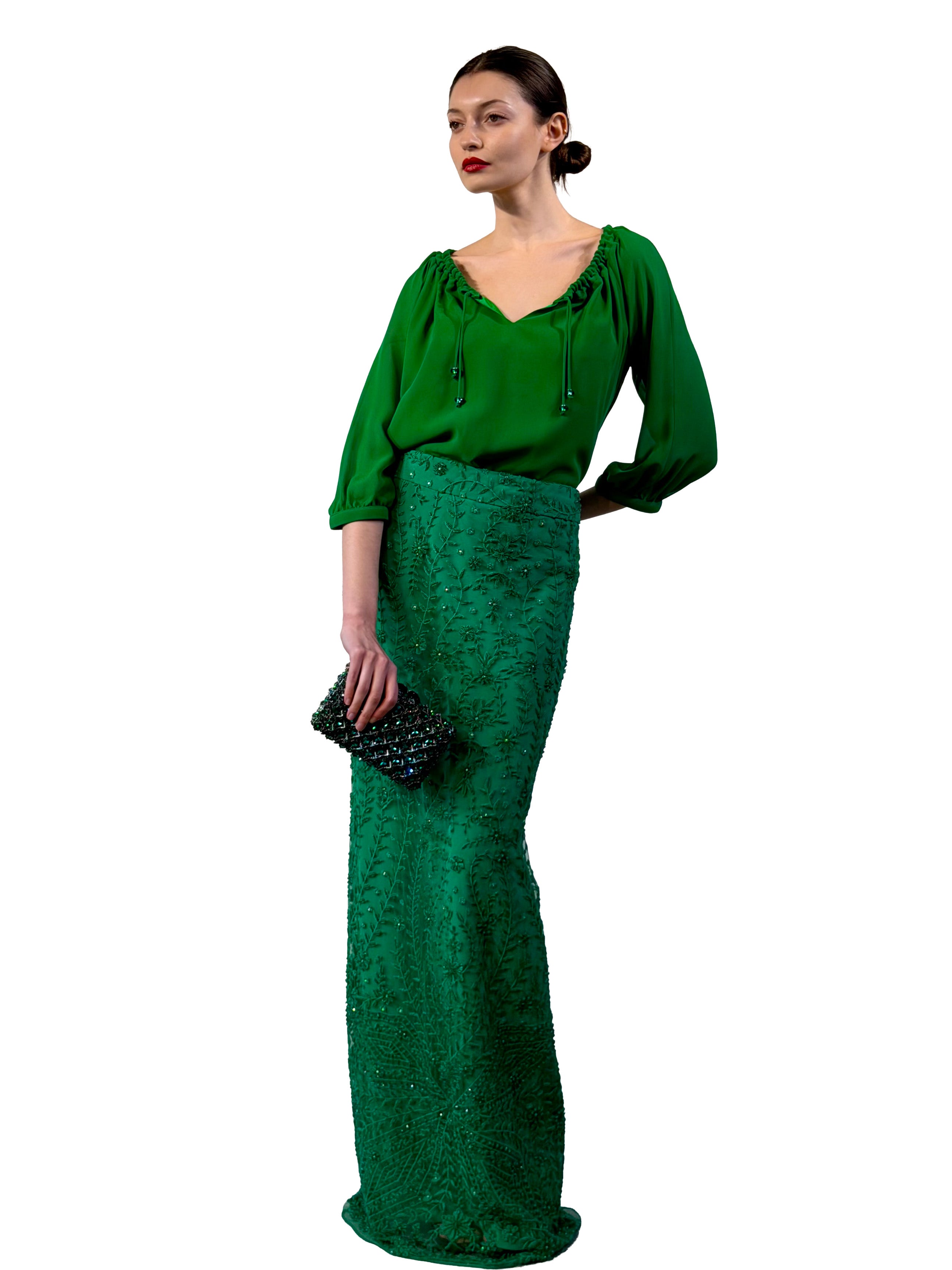 MIDI LONG SKIRT TULLE EMBROIDERED WITH CRYSTAL