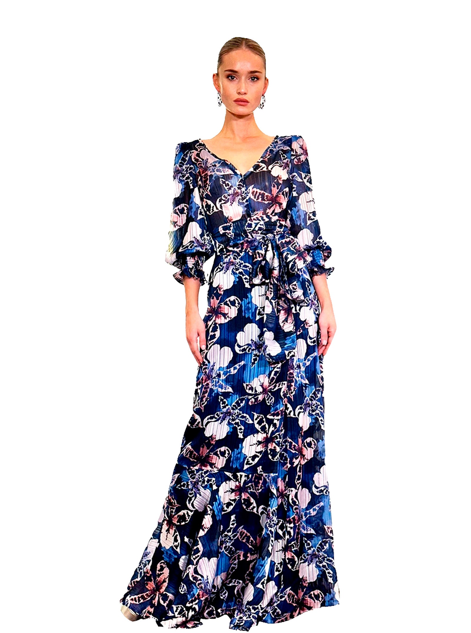 LONG GRAIN PRINTED RUFFLE DRESS