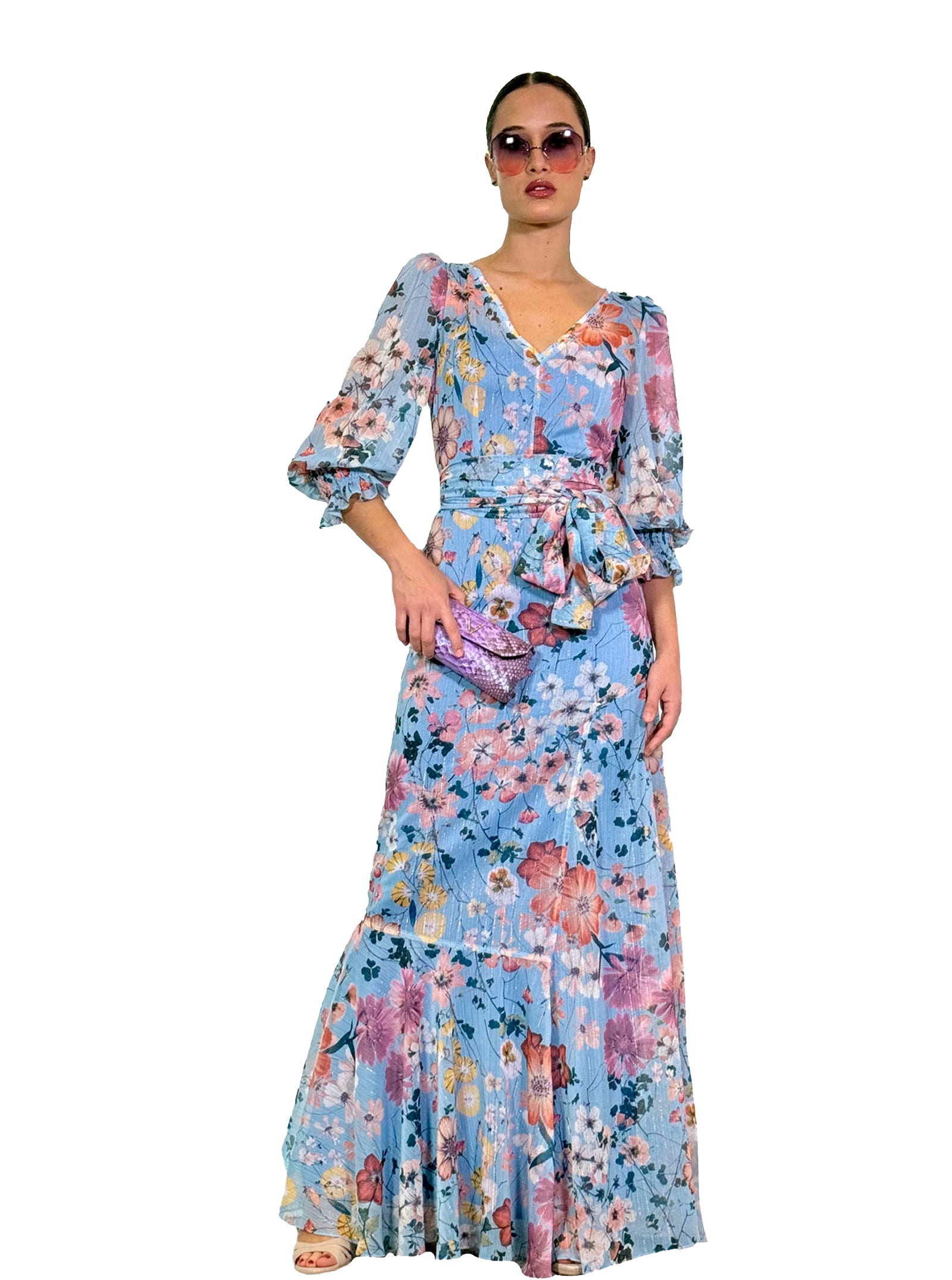 LONG GRAIN PRINTED RUFFLE DRESS