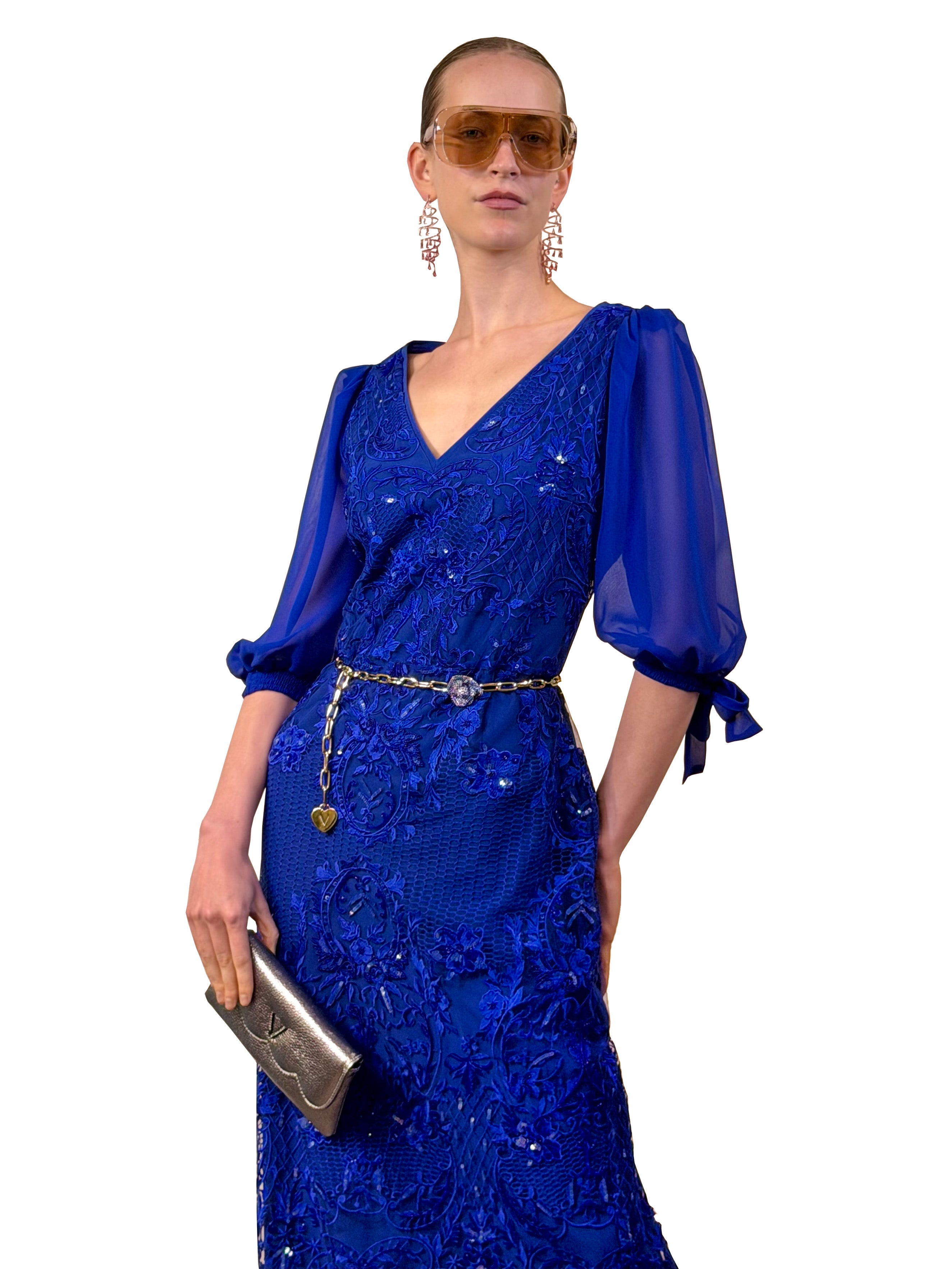 MIDI PENCIL DRESS WITH TULLE EMBROIDERY AND CRYSTAL