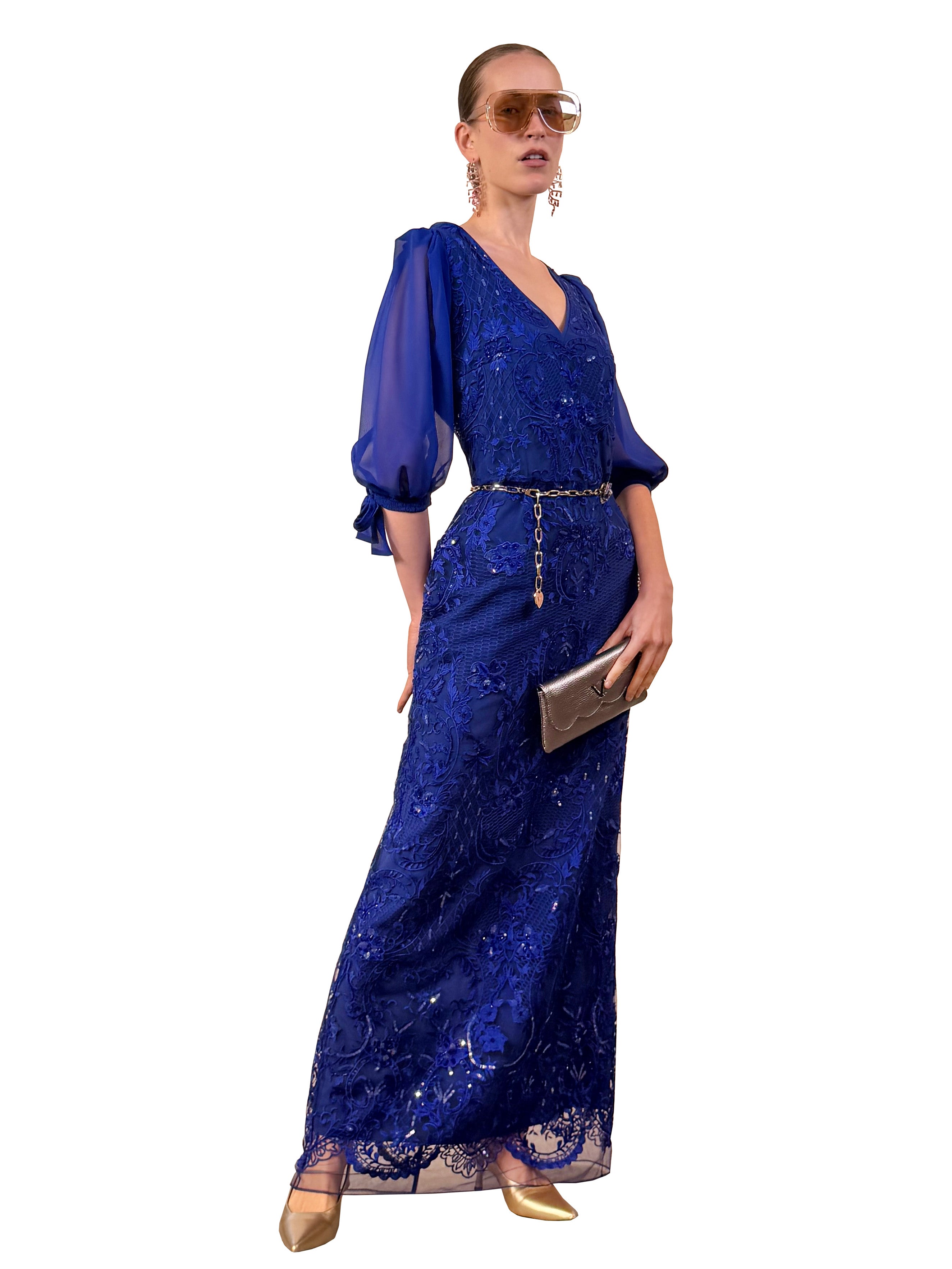 MIDI PENCIL DRESS WITH TULLE EMBROIDERY AND CRYSTAL