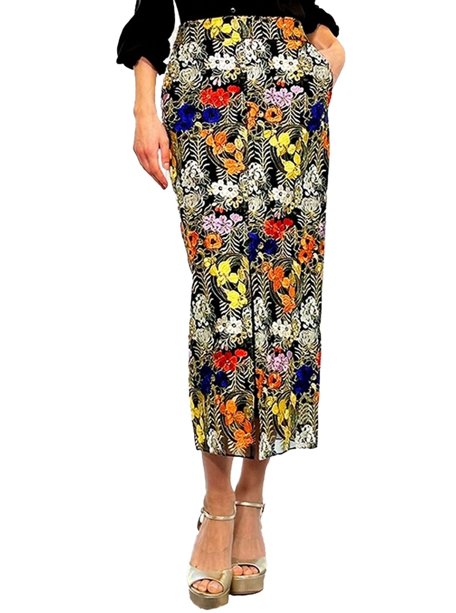 Embroidered Tulle Midi Pencil Skirt