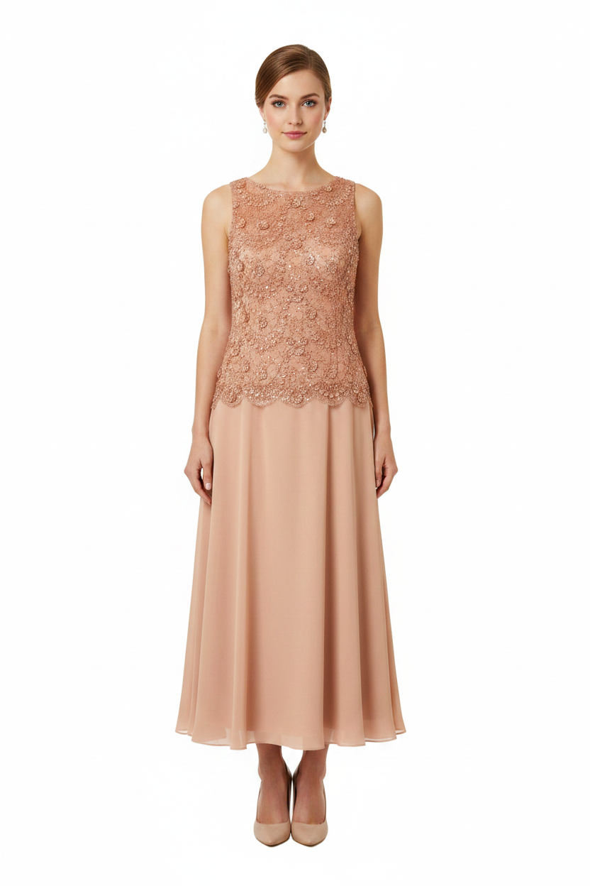 VESTIDO MIDI BORDADO CRISTAL Y GEORGETTE