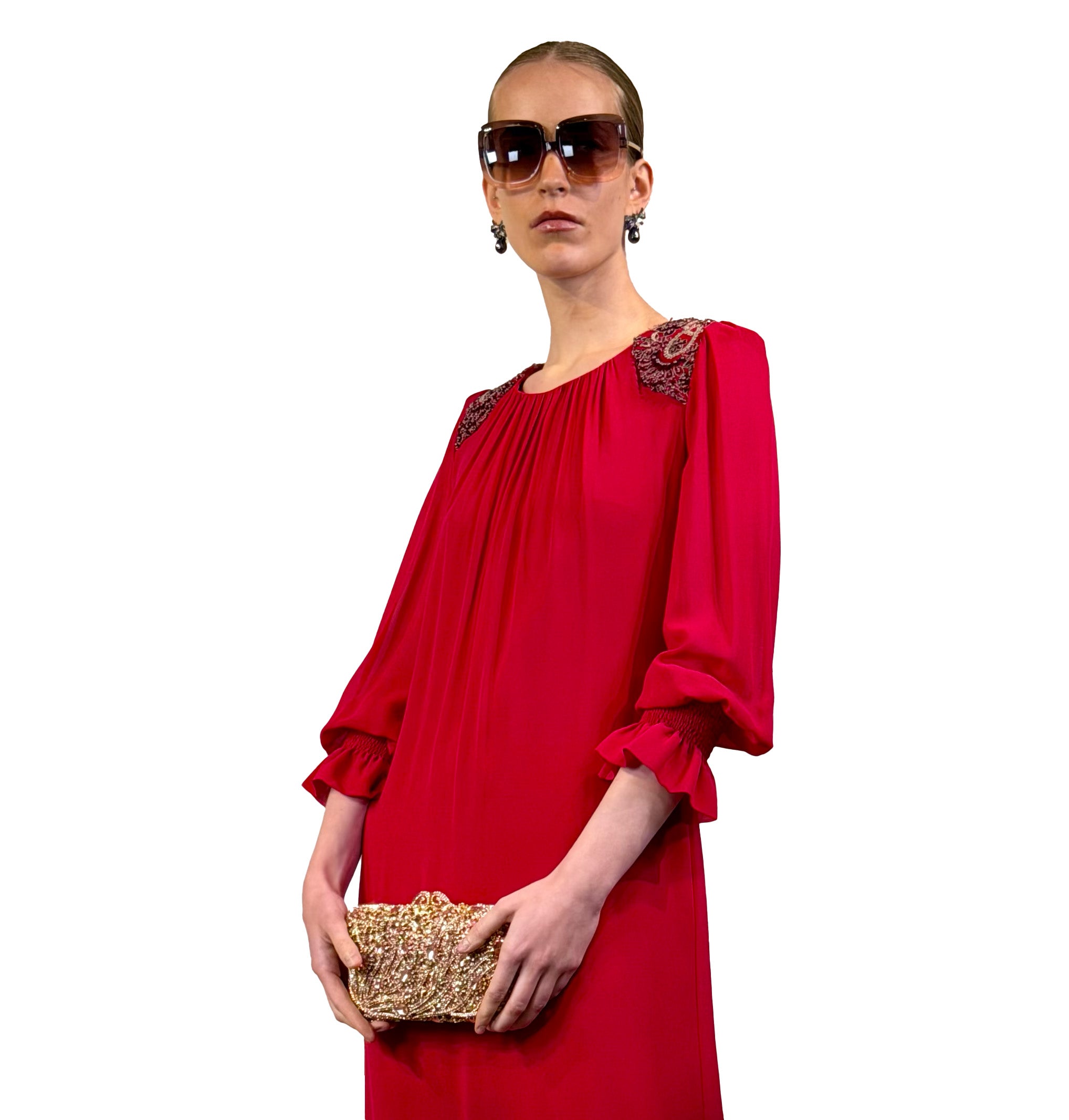 LONG TUNIC DRESS WITH SHOULDER PADS AND CRYSTAL