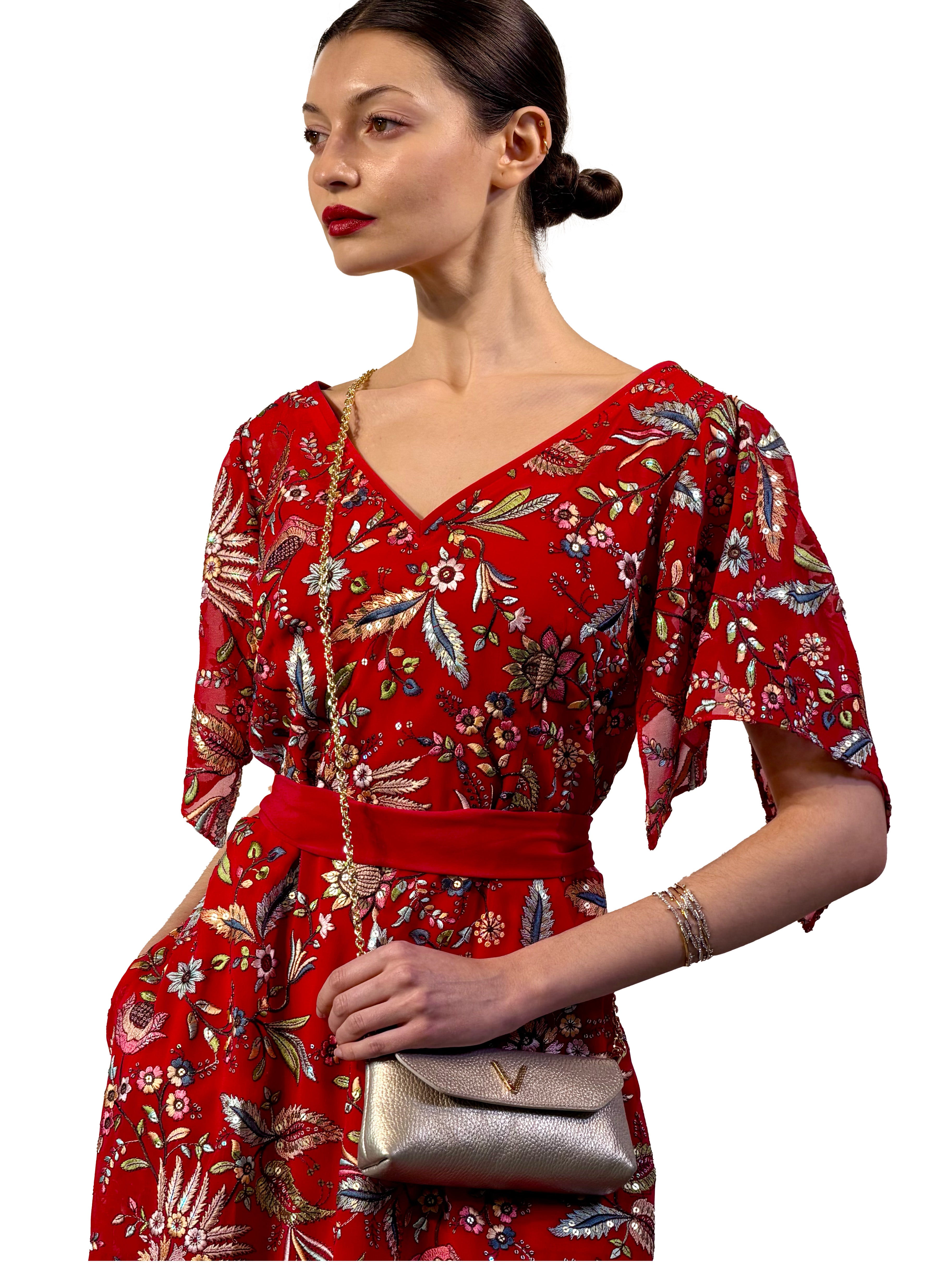 Embroidered chiffon dress with pointed hem