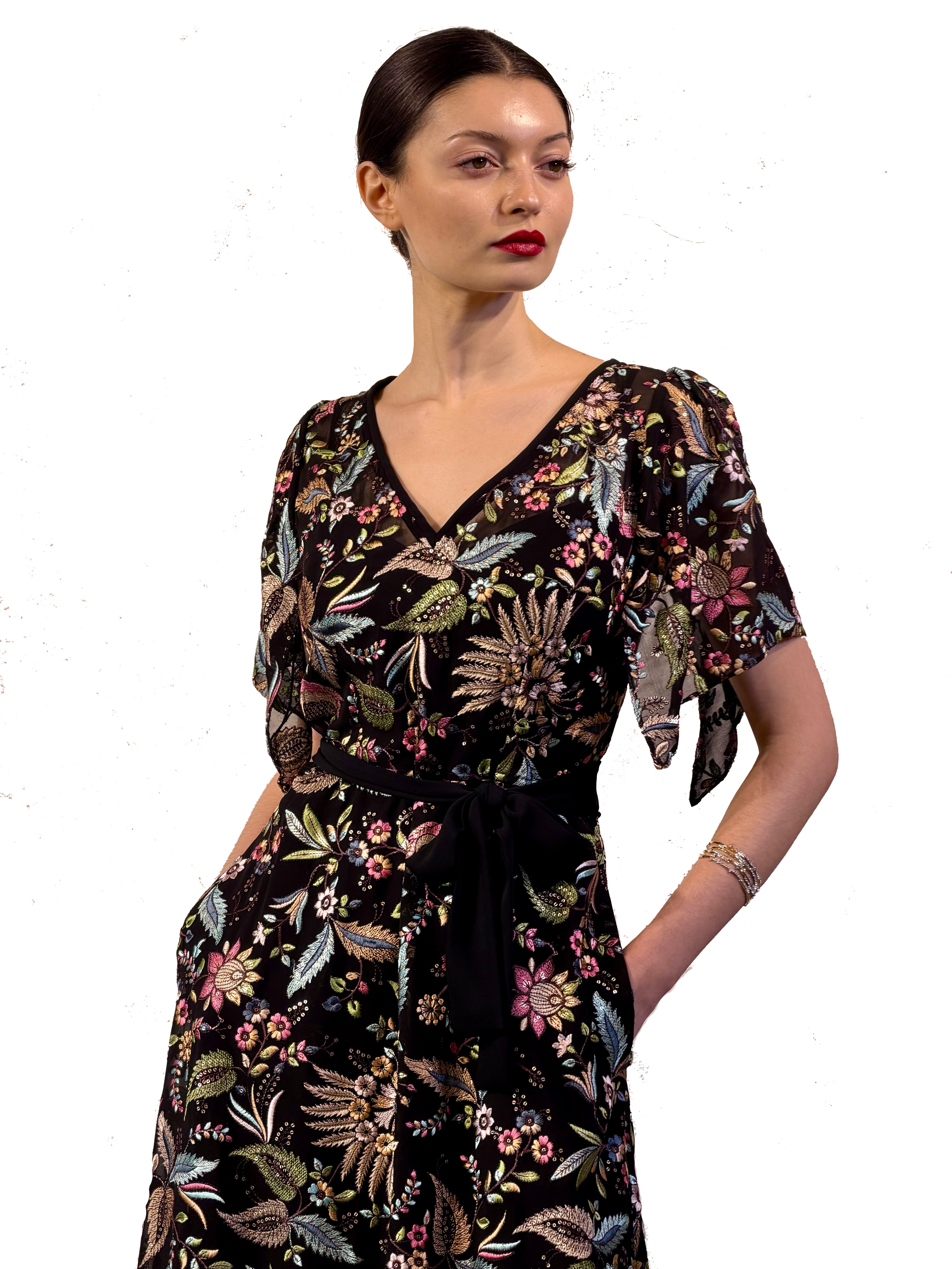 Embroidered chiffon dress with pointed hem