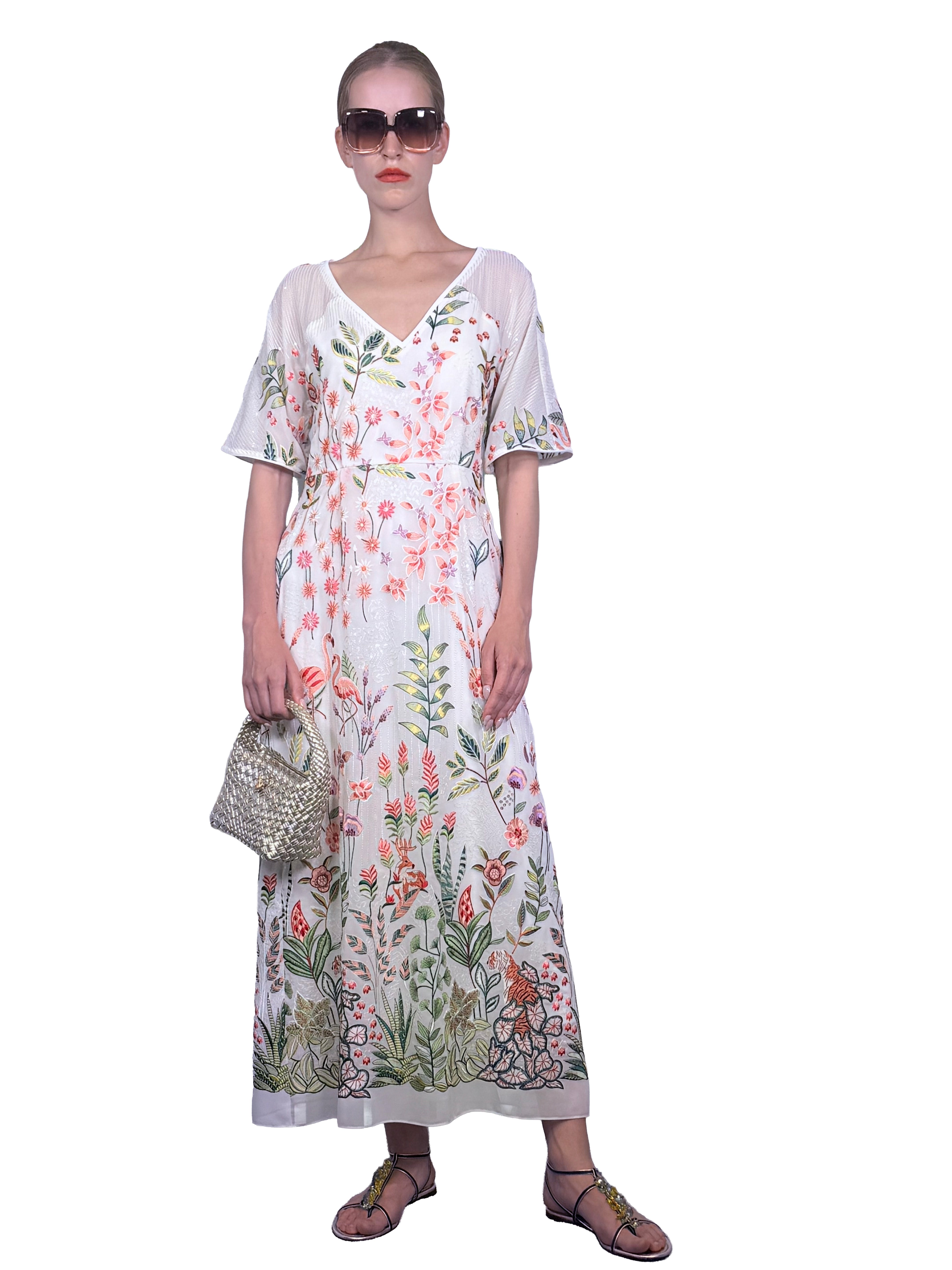 MIDI V PIRATE EMBROIDERED CHIFFLE DRESS