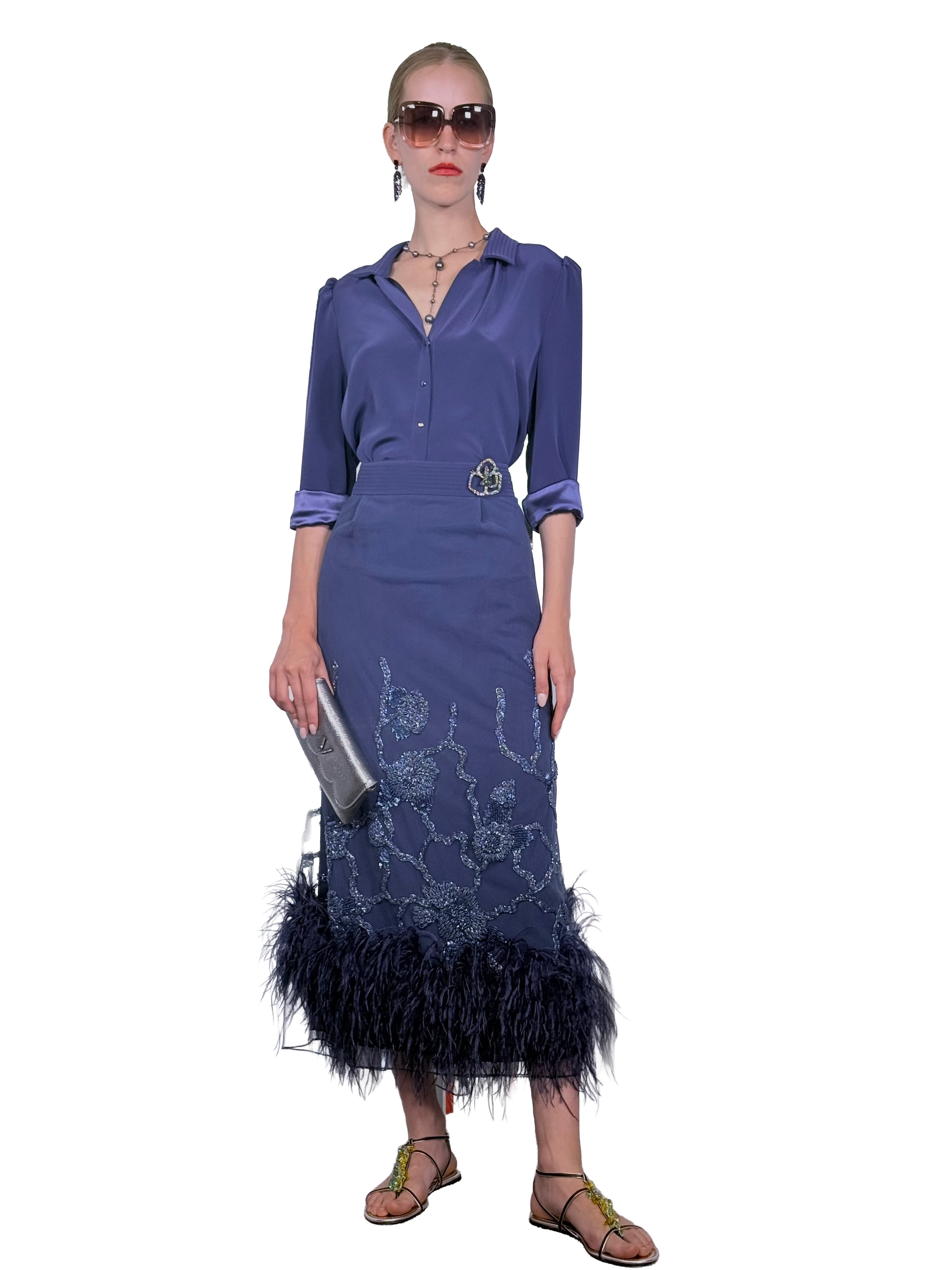 EMBROIDERED AND FEATHER MIDI PENCIL SKIRT