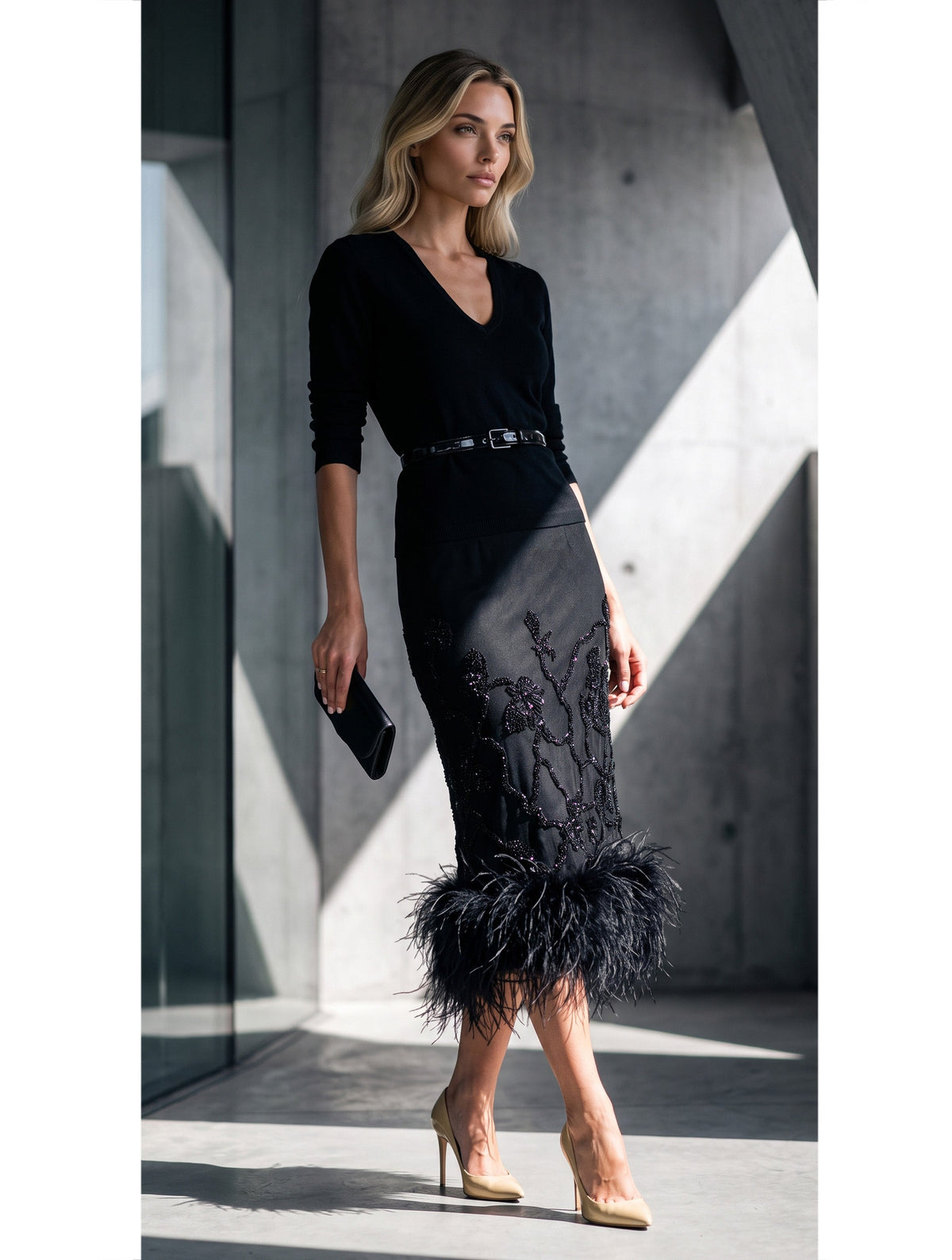 EMBROIDERED AND FEATHER MIDI PENCIL SKIRT