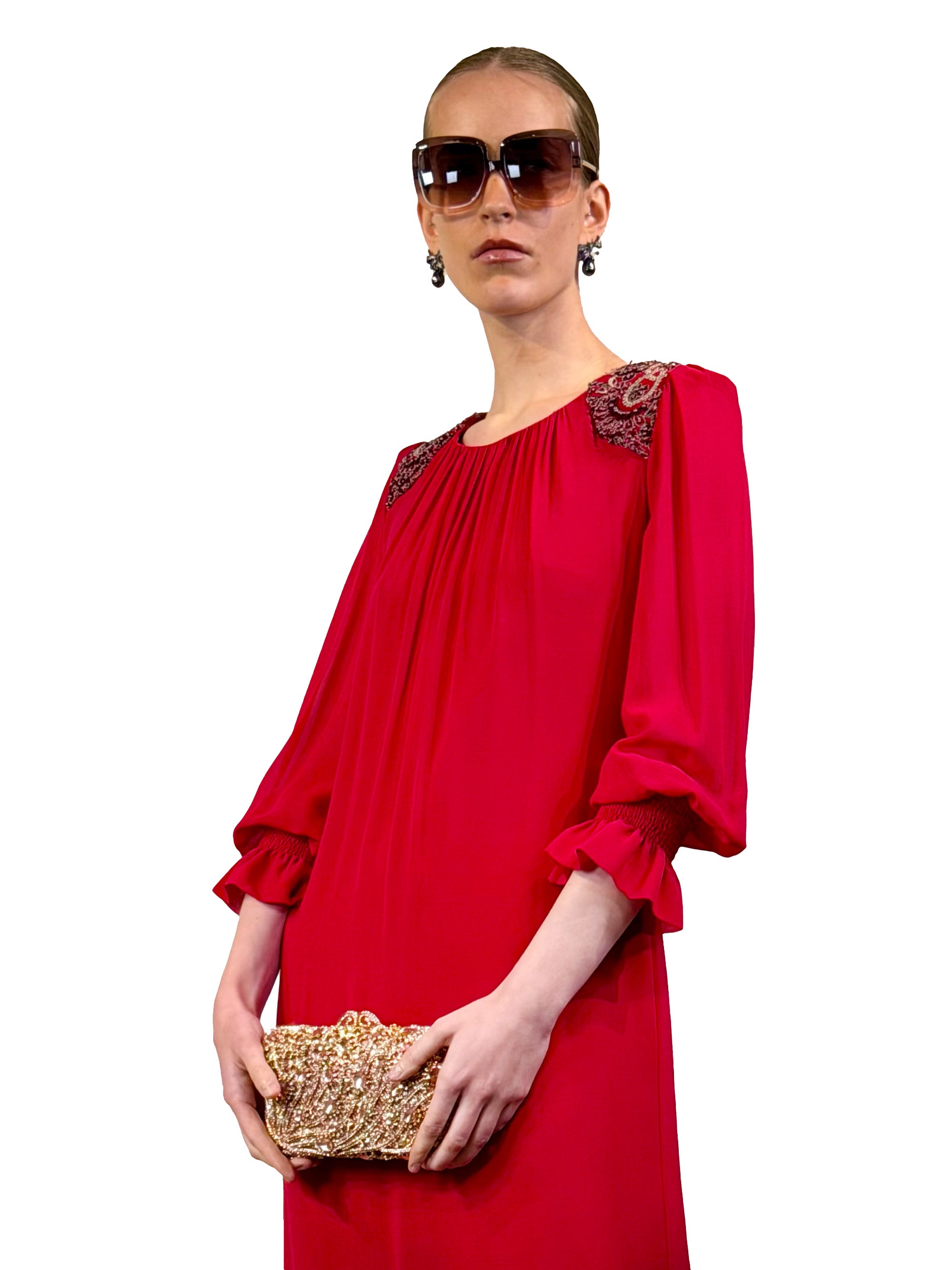 LONG TUNIC DRESS WITH SHOULDER PADS AND CRYSTAL