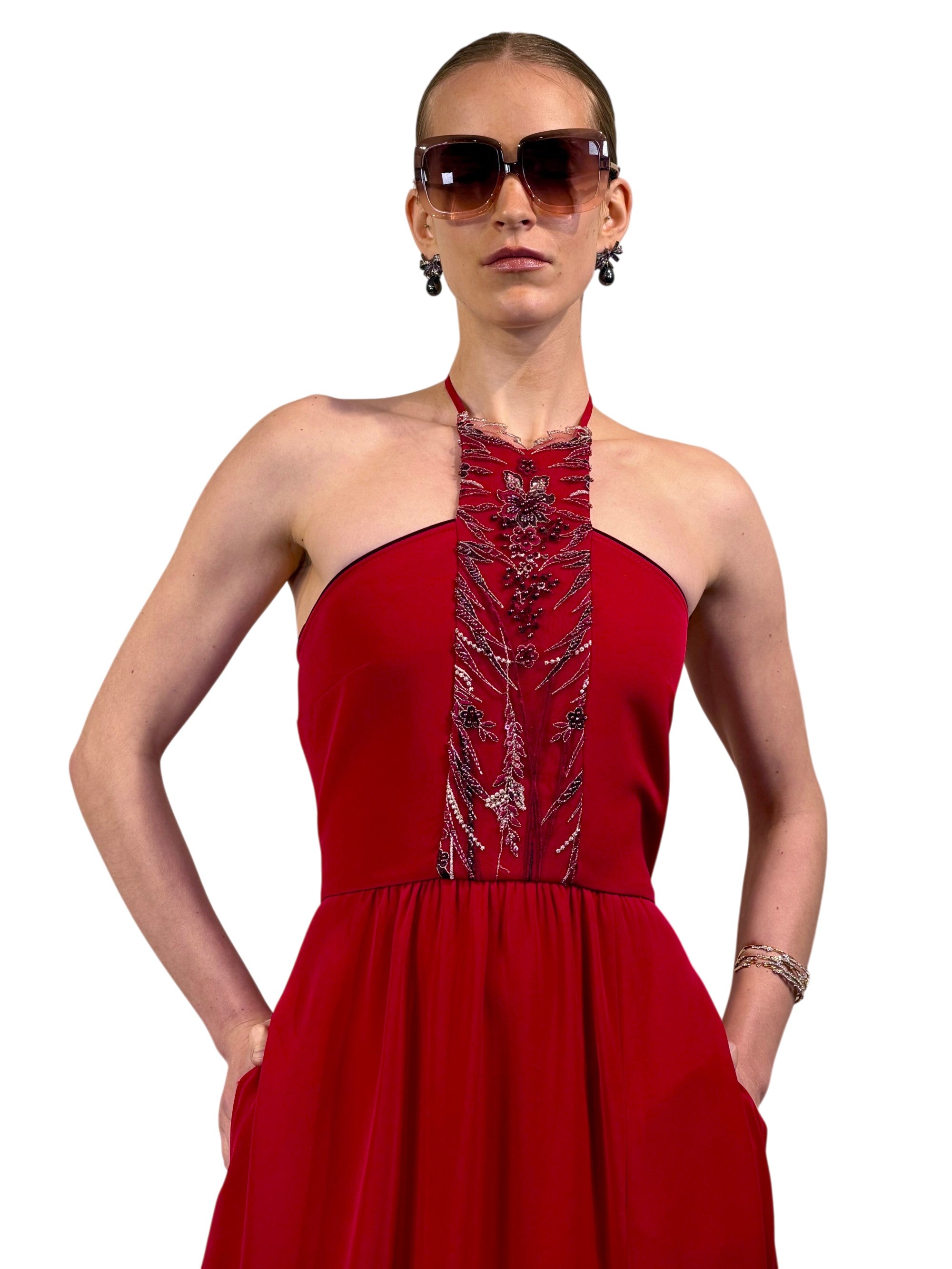 Embroidered Tulle Halter Dress