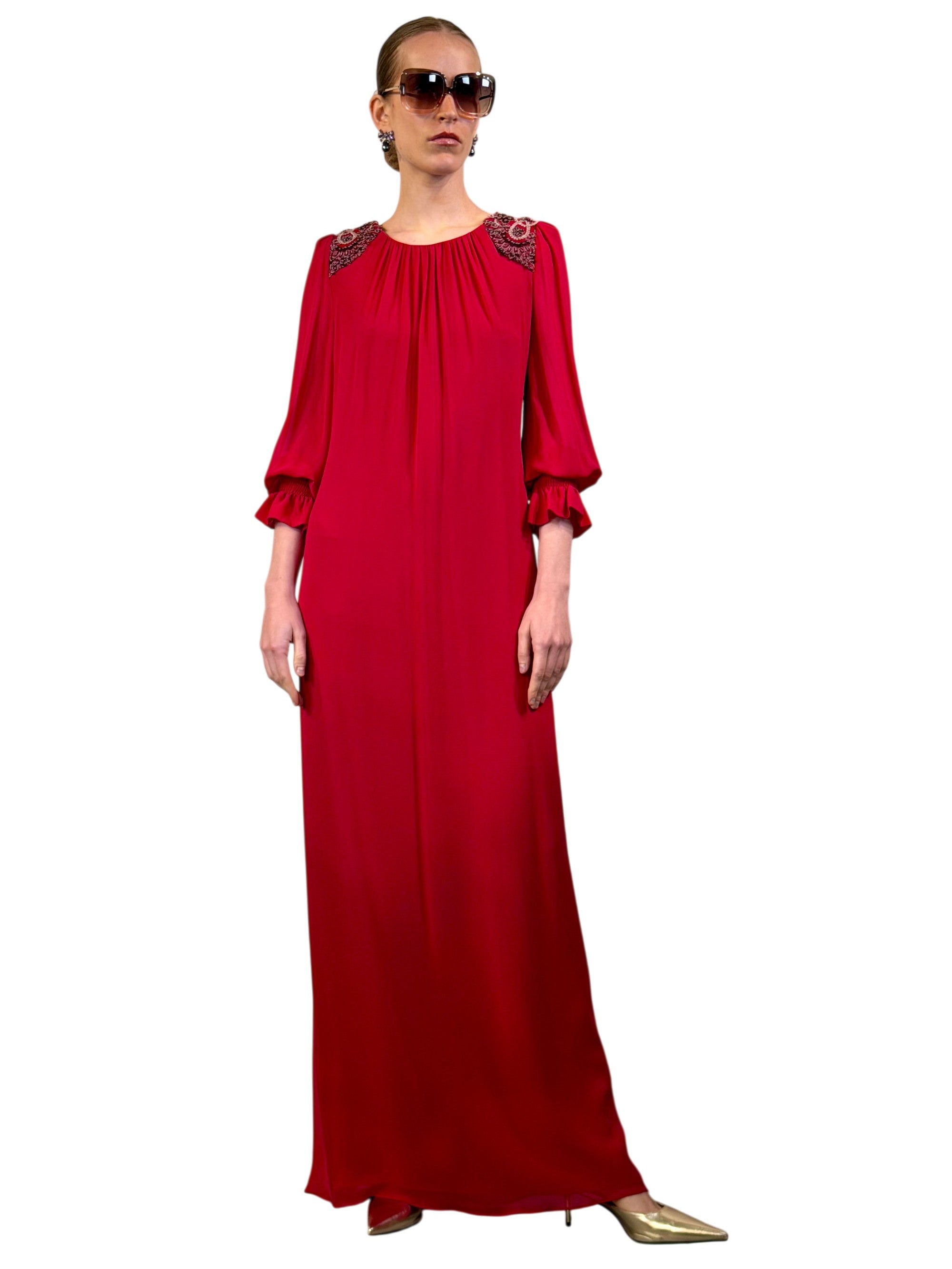 LONG TUNIC DRESS WITH SHOULDER PADS AND CRYSTAL