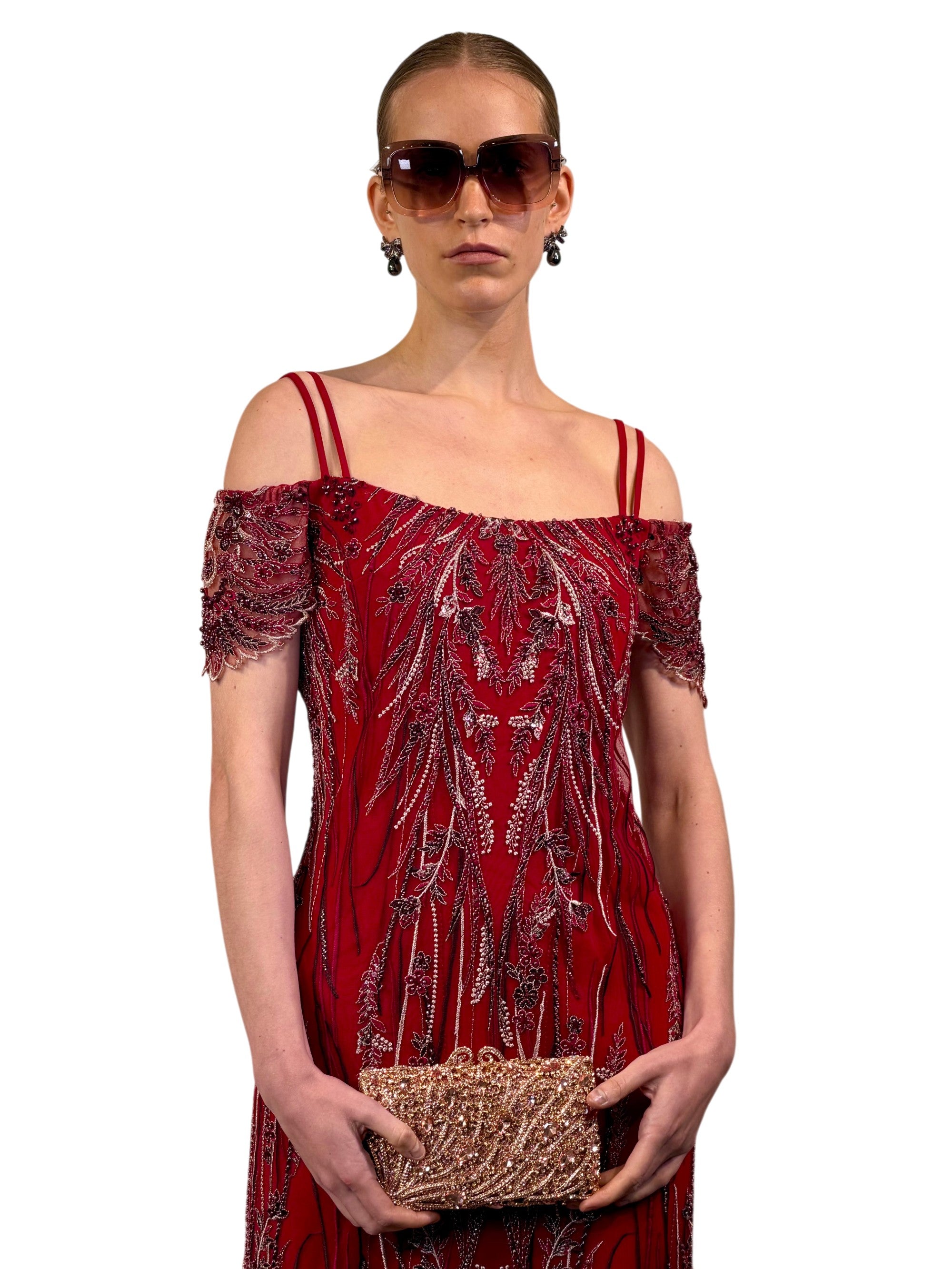 EMBROIDERED TULLE BOAT MIDI DRESS