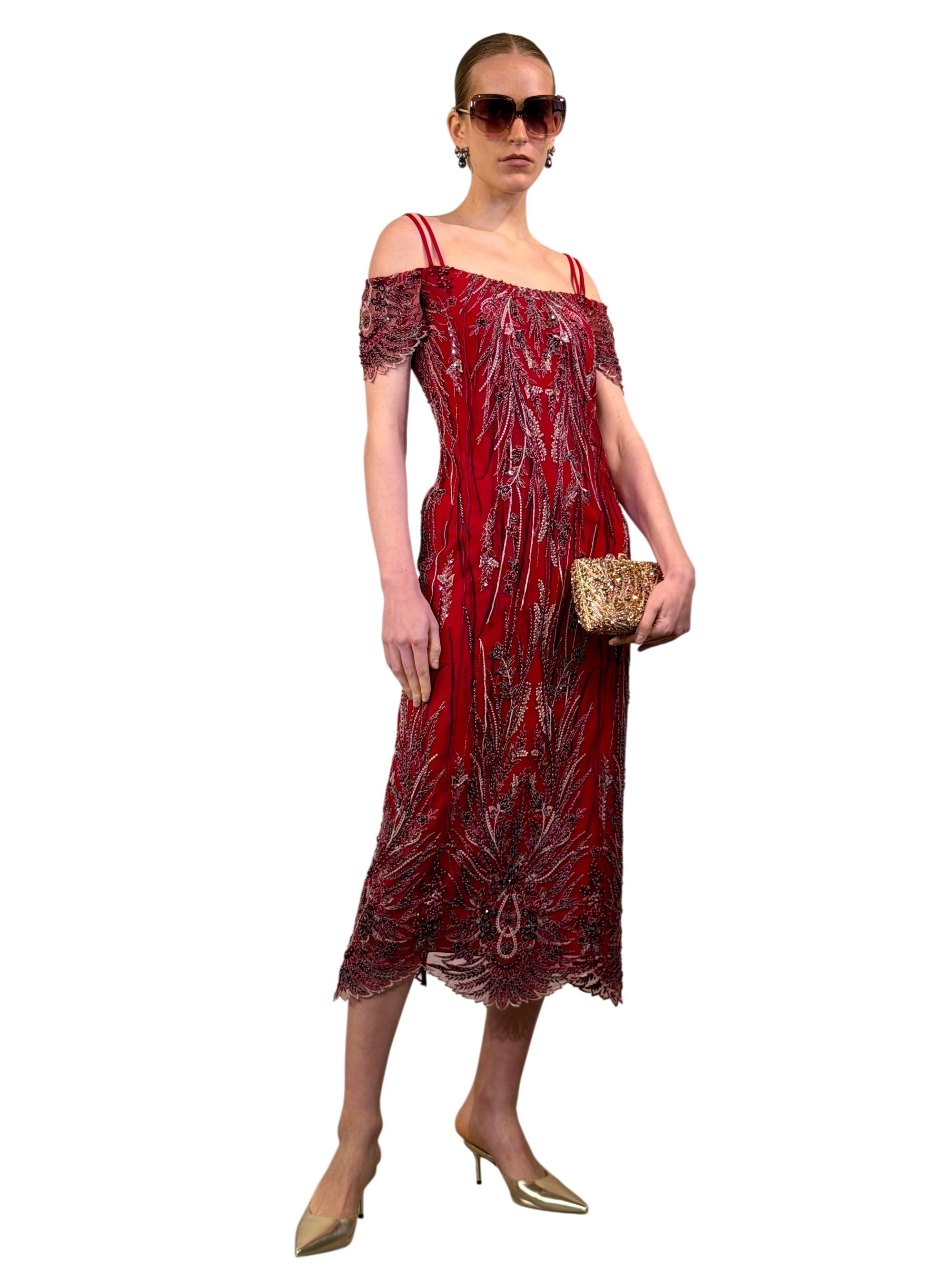 EMBROIDERED TULLE BOAT MIDI DRESS