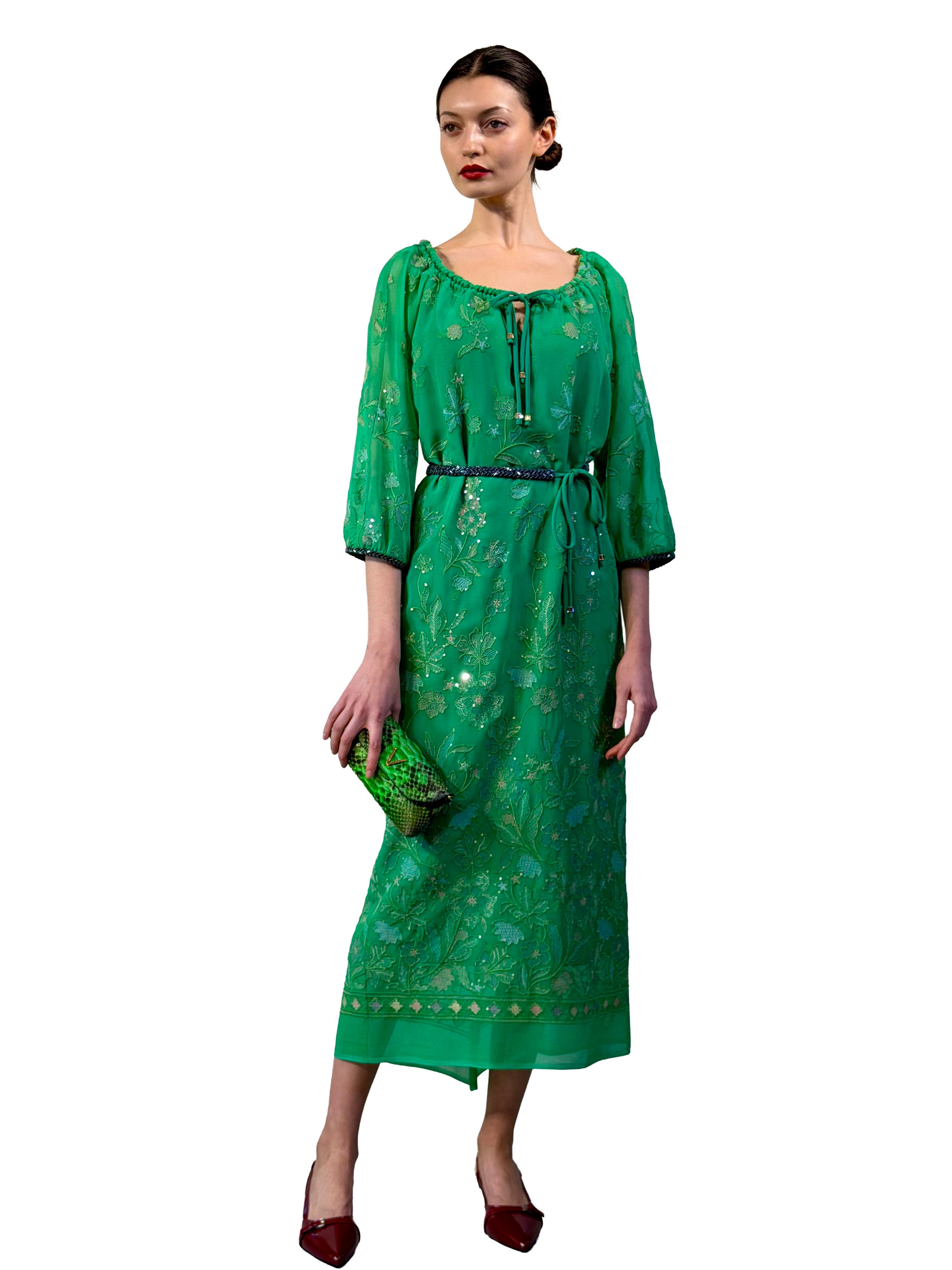 EMBROIDERED CHIFFLE TUNIC MIDI DRESS