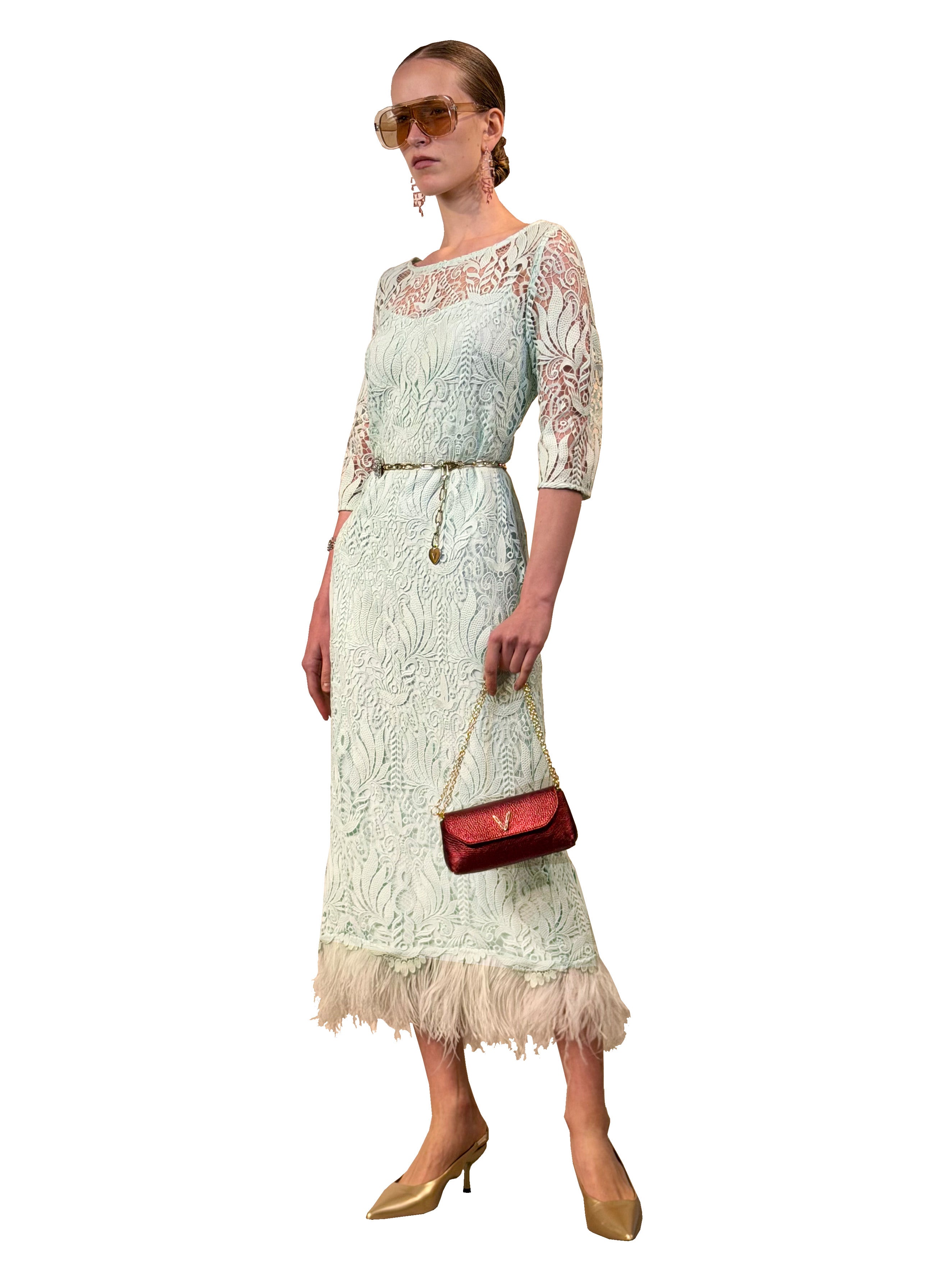 MACRAME PENCIL DRESS WITH FEATHERS