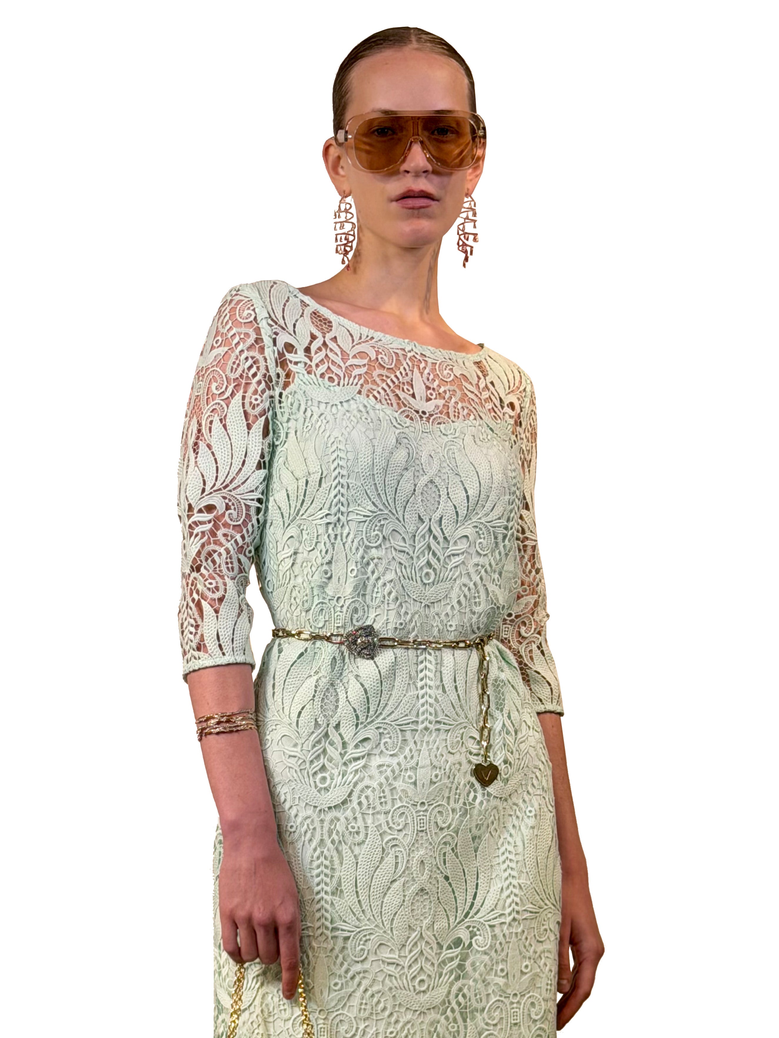 MACRAME PENCIL DRESS WITH FEATHERS