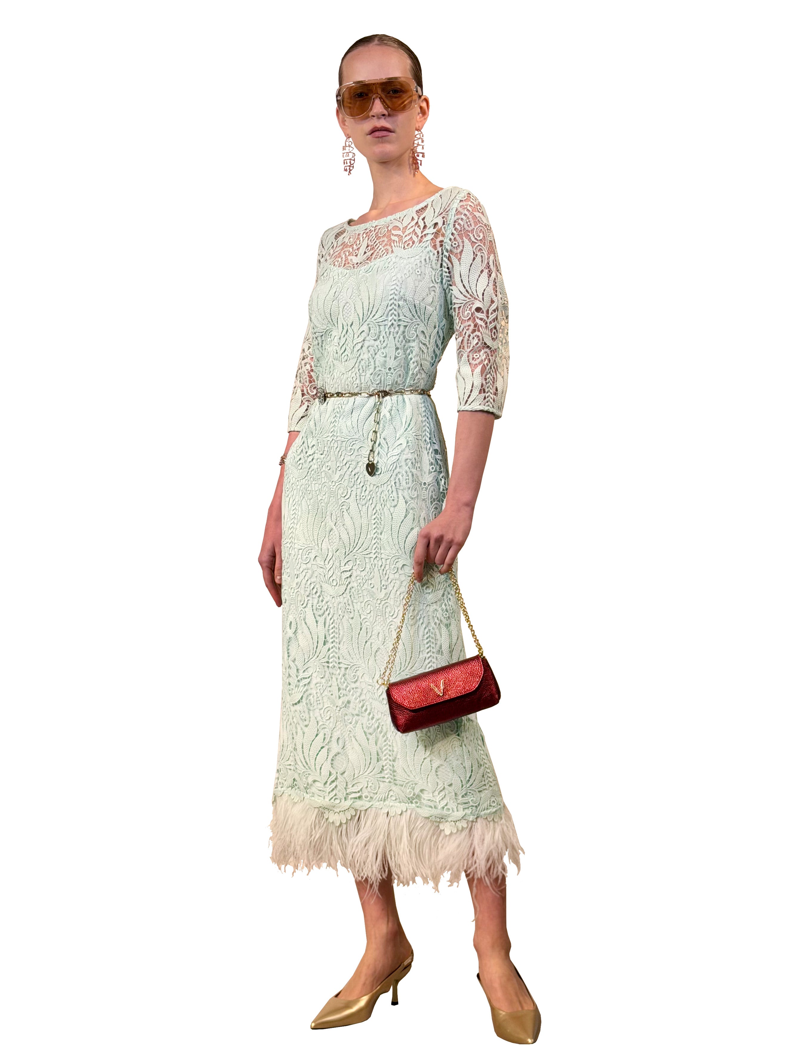 MACRAME PENCIL DRESS WITH FEATHERS