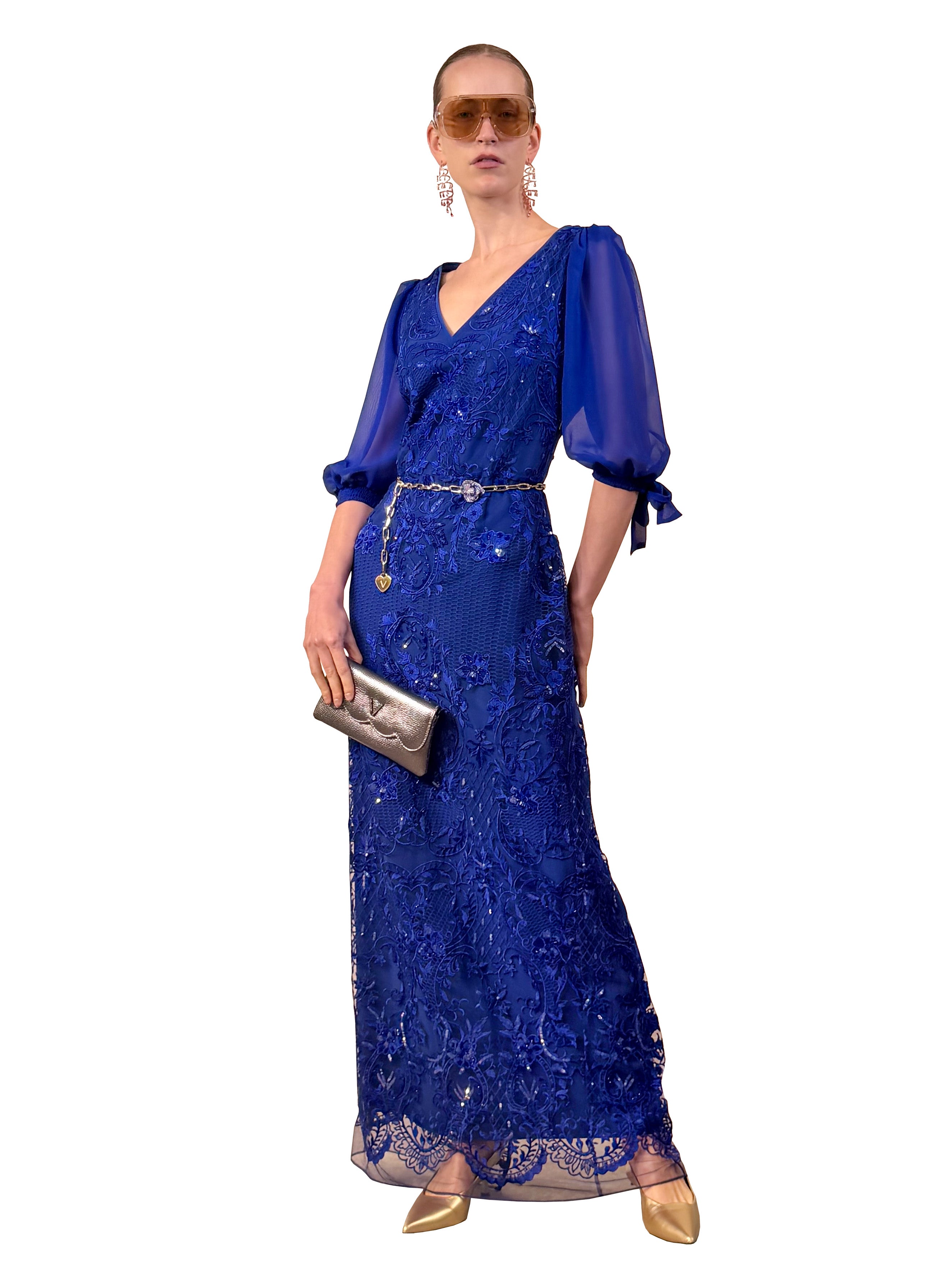 MIDI PENCIL DRESS WITH TULLE EMBROIDERY AND CRYSTAL