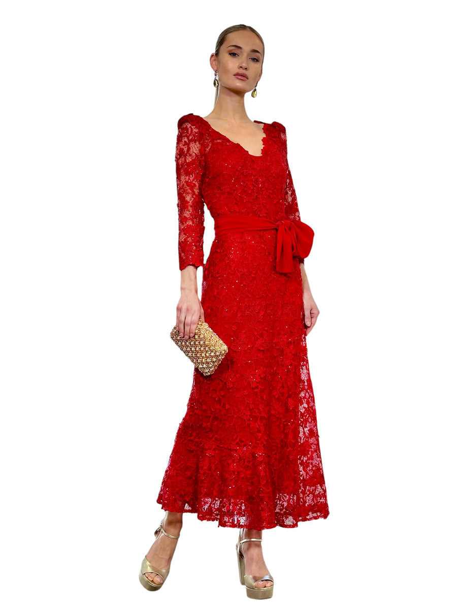 Garnet midi dress with ruffles and guipure tulle